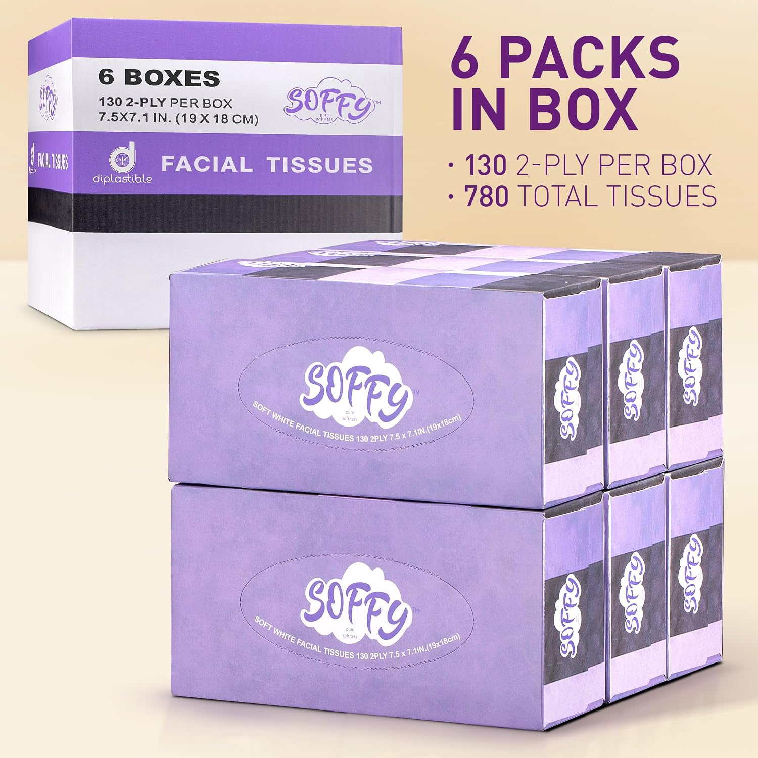 Facial Tissues, 2 Ply White - 130 Per Box, Car and Travel, Face Tissue 7.5" x 7.1", (Pack of 6) Tissue Box