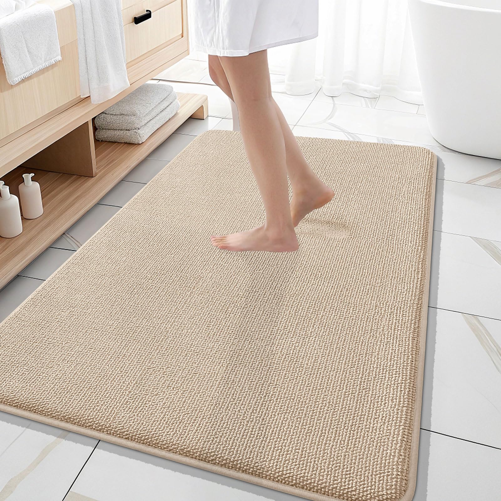 OLANLY Memory Foam Large Bathroom Rugs 59x35, Absorbent Bath Mat, Beige