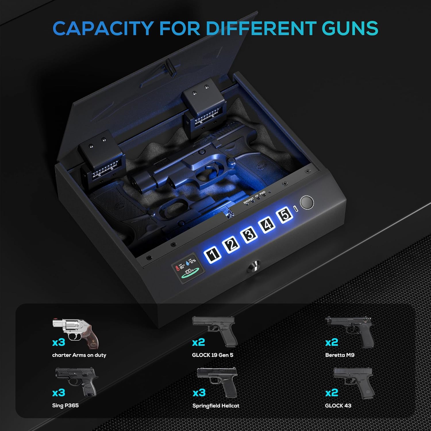 Pistol Safe with LCD Display & Anti-theft Rope, Gun Safe for Handgun, Hand Gun Lock Box 0.1s Quick Access with Fingerprint/Keypad/Keys/Type C Port,for Home Drawer,Bedside,Nightstand,Car