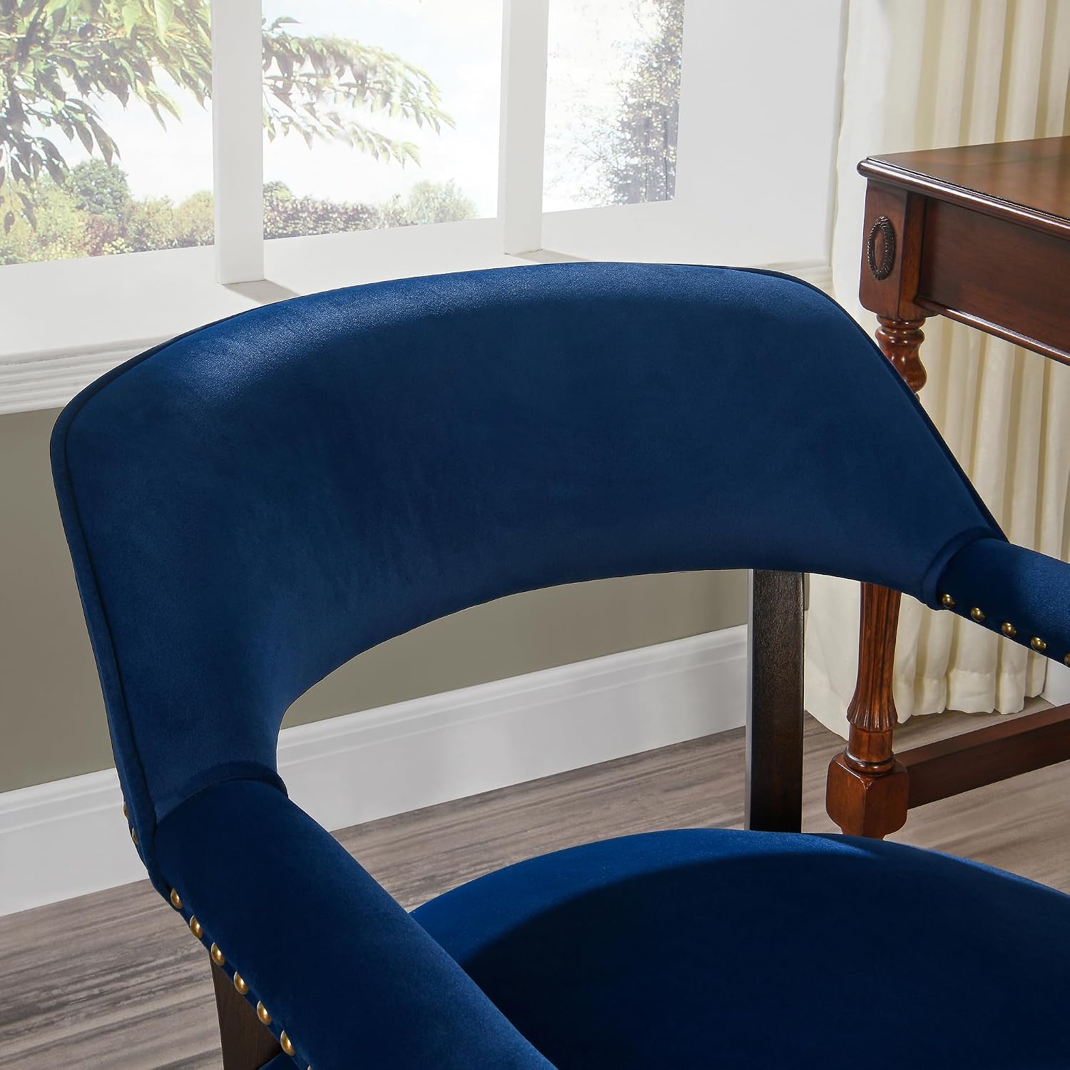 Dining Chairs With Casters and Arms, Solid Wood Office Desk Chair with Curved Backrest and Wheels, Frosted Velvet Classic Accent Chairs with Upholstered, 31.5" H for Kitchen, Ocean Blue XXY-HT22-OB