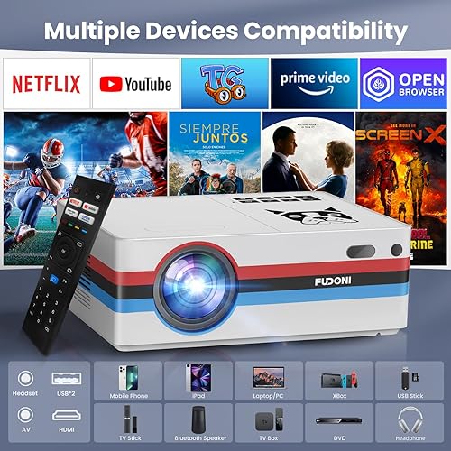 Miniatura 9 de FUDONI Proyector inteligente con WiFi y Bluetooth, nativo 1080P 25000L, Keystone automático de enfoque eléctrico, proyector de cine en casa al aire