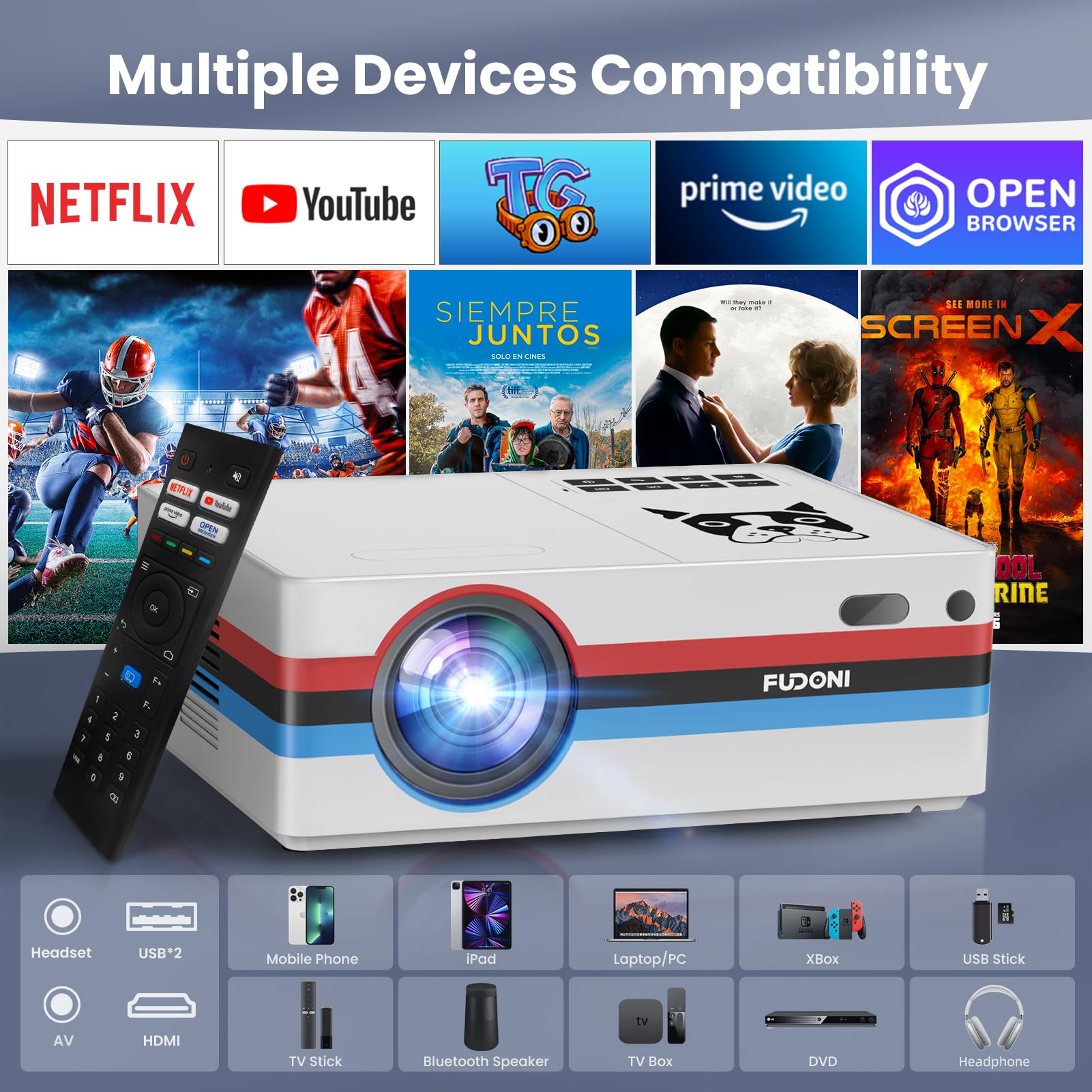 [Netflix officiellement/Dolby Audio] Projecteur intelligent FUDONI avec WiFi et Bluetooth 4K, Keystone automatique et mise au point électrique, projecteur extérieur 800ANSI avec applications, Netflix