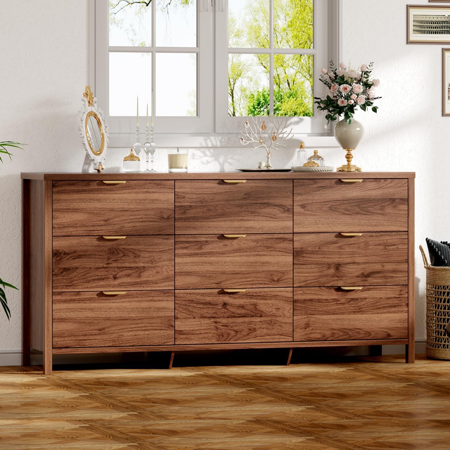 Fluted Dresser for Bedroom with 9 Drawers, 63" Modern Chest of Drawers, Dresser TV Stand, Wood Drawer Organizer for Living Room, Hallway, Chestnut