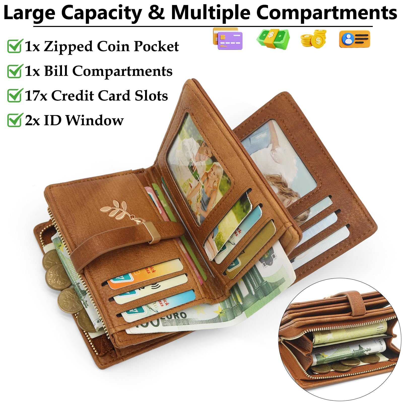 HNOOM Cartera Mujer Cuero PU Monedero Pequeño Formato Corto Billeteras RFID 19 Ranuras Tarjetas Cremallera Marrón