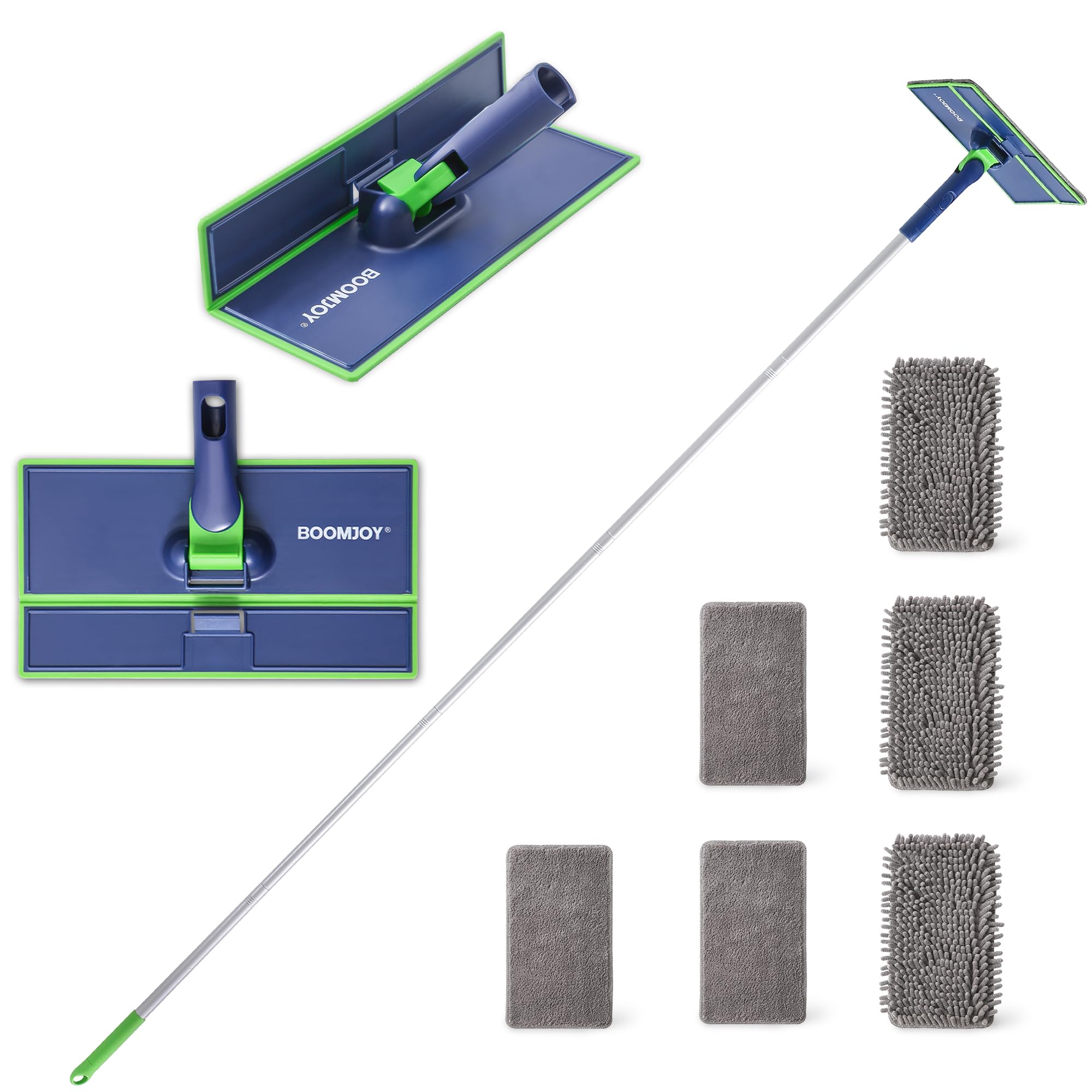 BOOMJOY Skirting Board Cleaner Mop, 72" Long Handle Wall Mop with Foldable Panel, Ceiling Cleaner Duster with 6 Replacement Microfiber and Chenille Pads for Walls Window Floor Shower Baseboard