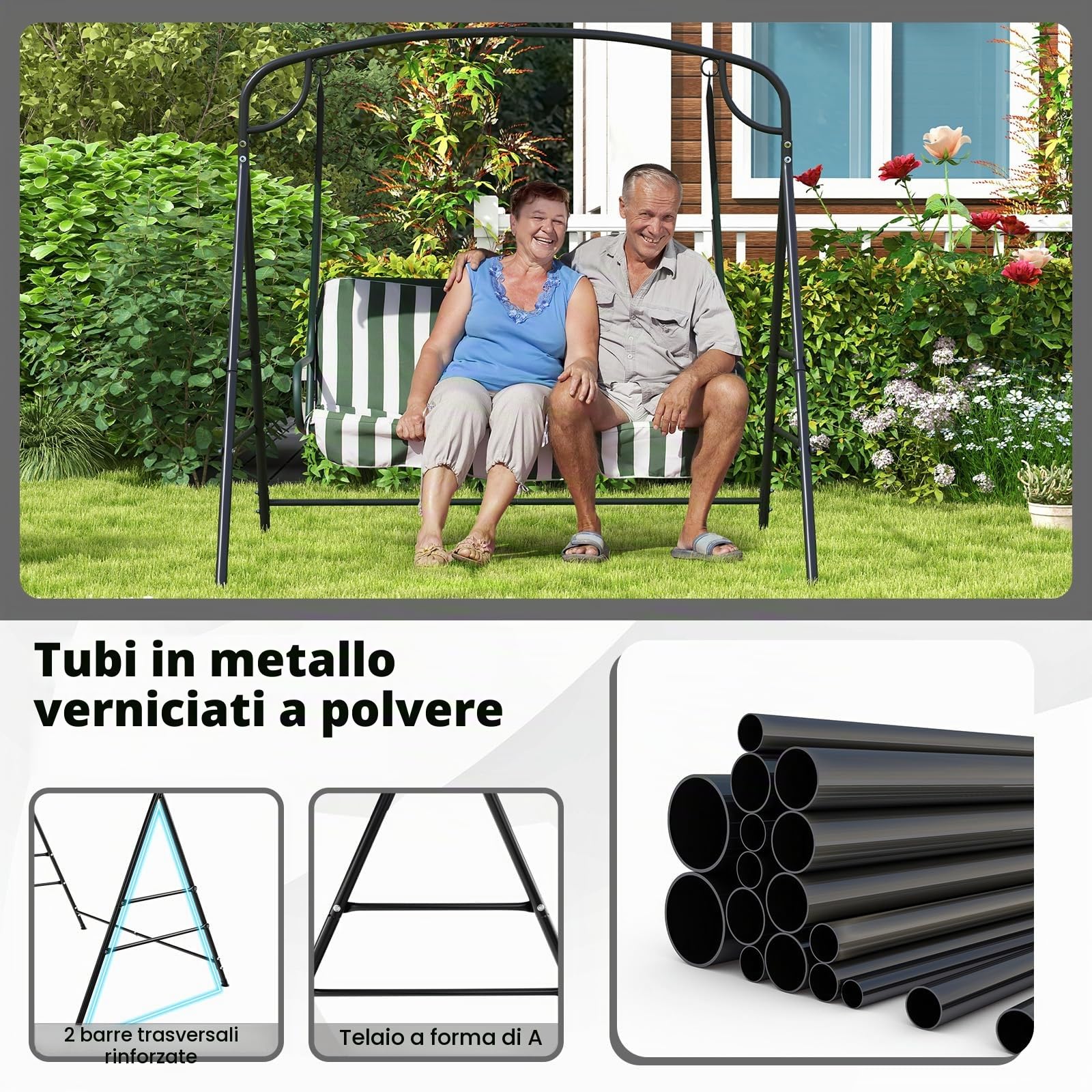 KOMFOTTEU Supporto per altalena in metallo, telaio per dondolo da giardino a forma di A, telaio per panca sospesa con carico di 300 kg, telaio con 2 anelli per balcone, veranda, 180 x 133 x 182 cm