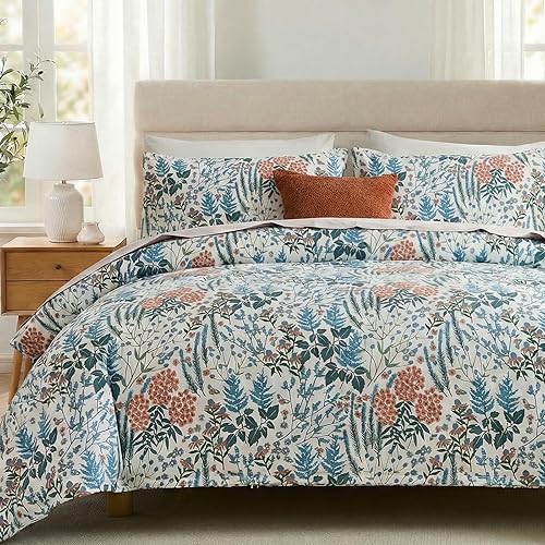 Miniatura 24 de Juego de funda de edredón tamaño Queen de 100% algodón, diseño floral vintage, juego de ropa de cama con cierre de cremallera y lazos de esquina, 3