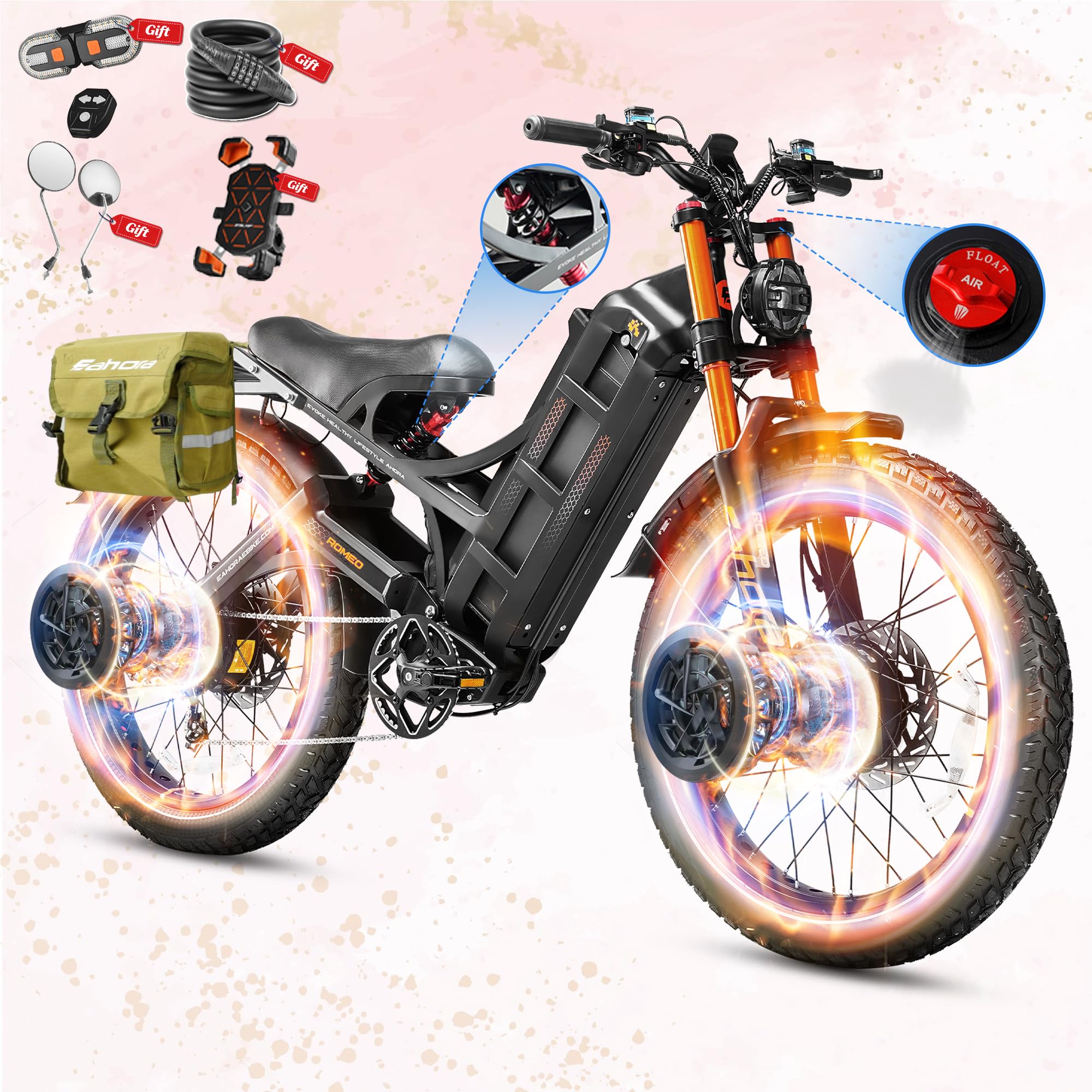 eAhora 2026 Romeo Pro 3/2 52-46Mph Electric Bike for Adults 6000W/4000W/2500W Dual Motor Ebike 60V/80Ah 52V/70Ah Long Range Fat Tire Full Suspension Electric Mountain Bicycle