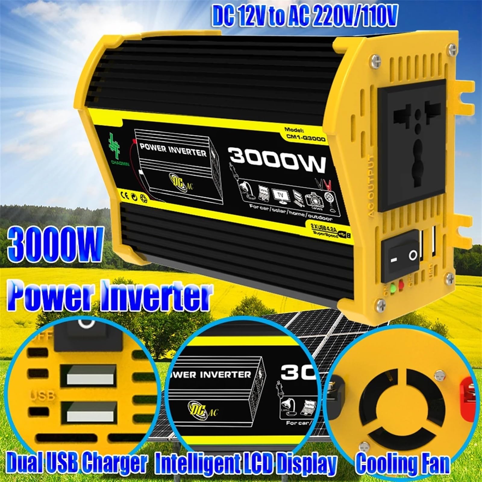 3000 W Inteligentny Inwerter Mocy DC 12 V Do AC/Podwójna Ładowarka Samochodowa USB Konwerter Modyfikowana Fala Sinusoidalna Przenośny Kemping na świeżym powietrzu(Yellow)