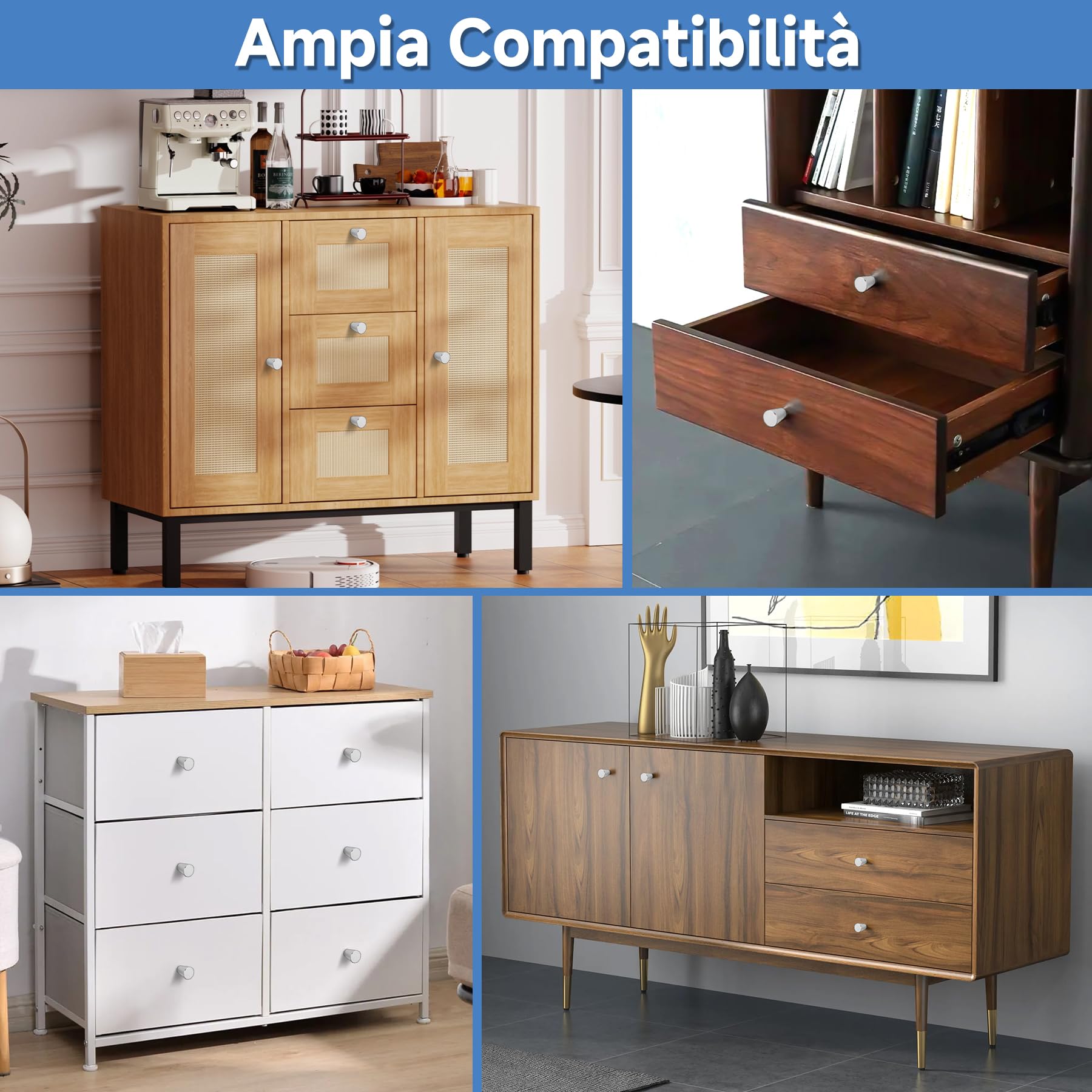 9 Pomelli per Mobili in Alluminio Opaco – Maniglie Rotonde per Cassetti con Viti, Stile Moderno per Armadi Cucina, Bagno e Rinnovo Mobili (Argento)