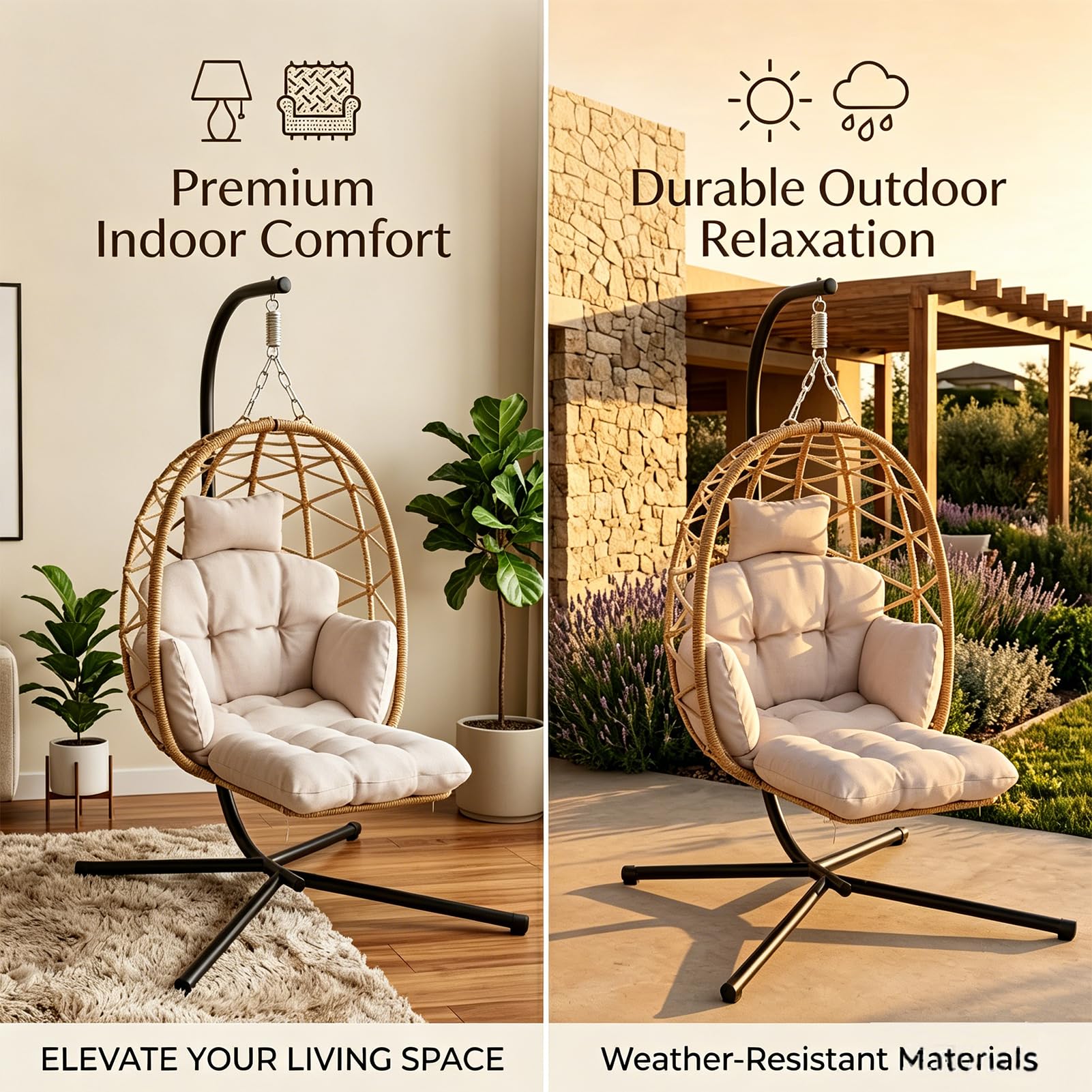 Poltrona sospesa con telaio, per interni ed esterni, fino a 150 kg, poltrona sospesa da giardino, con copertura impermeabile e lavabile, per balcone, terrazza (grigio)