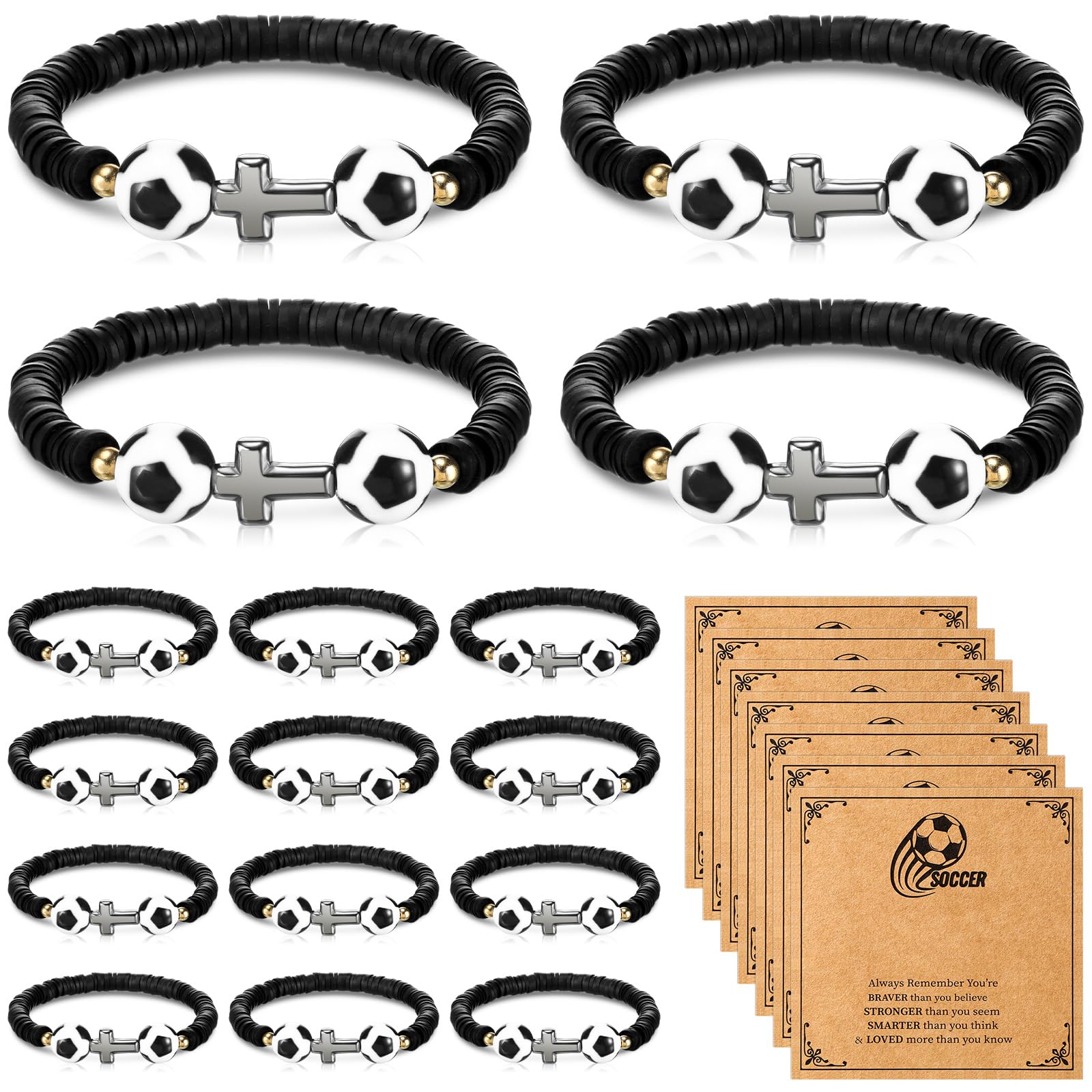 Ecation 24 Set Soccer Bracelets Sport Team Gifts Adjustable Beaded Bracelets Bulk with Blessing Card Soccer Party Favors for Players Team Lovers