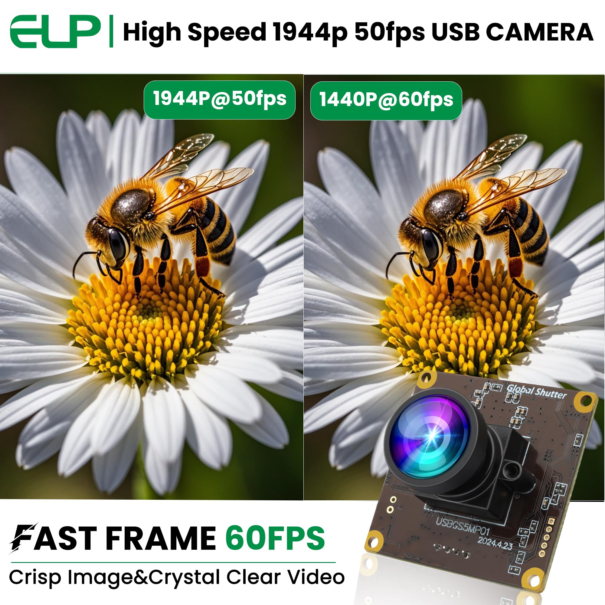 ELP Fotocamera USB con otturatore globale da 5 MP, webcam grandangolare per streaming live (obiettivo 100 senza distorsione)