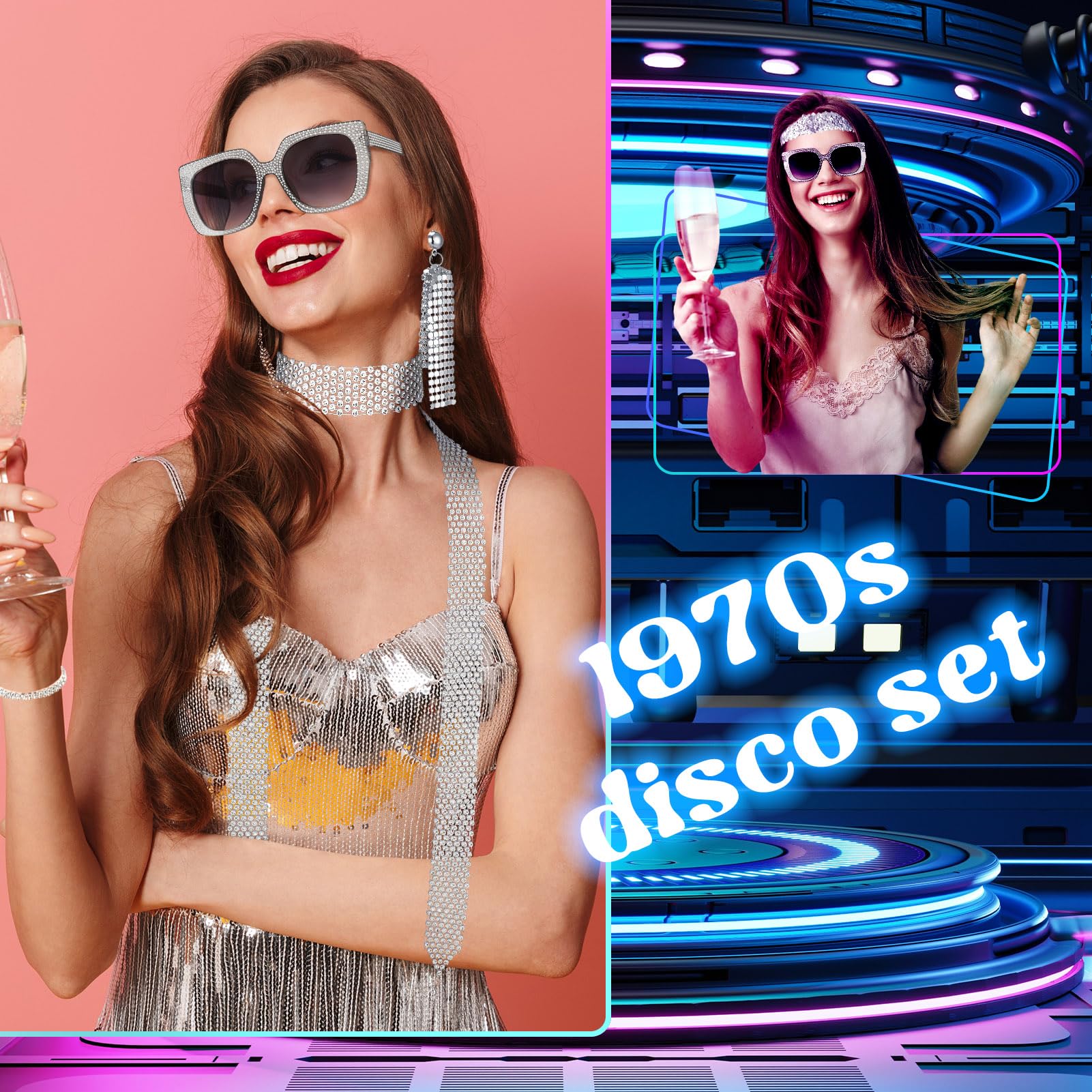 Invalidism 8 Pcs 70s Abba Accessories Set,1970s Abba Costume Set including Sequin Headband Long Scarf Necklace Bracelet Earrings Ring Sunglasses for Disco Theme Party Hippie Costume - Image 4