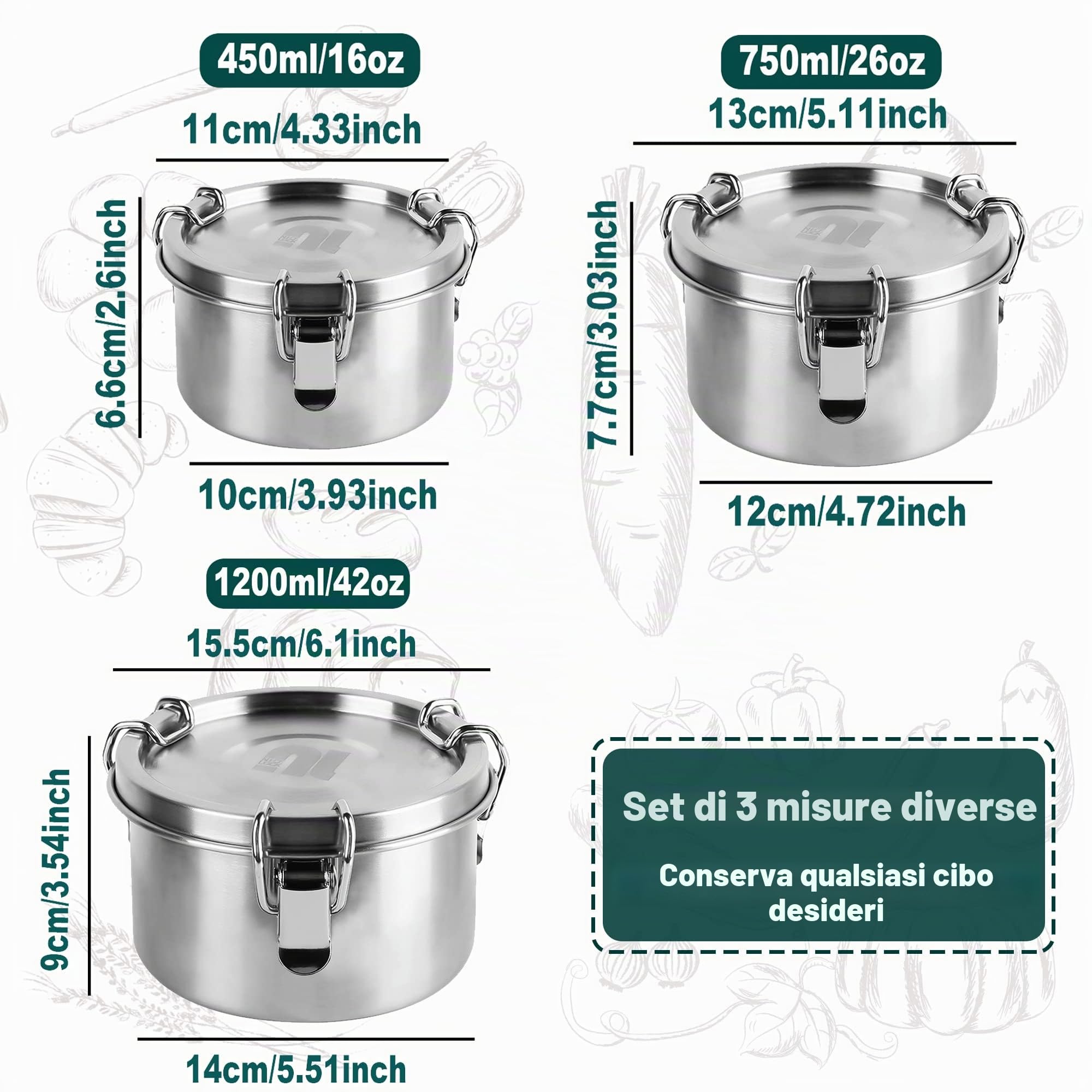 nicelock Set di contenitori per alimenti in acciaio inox, contenitori per il pranzo in metallo, a prova di perdite, ermetici, impilabili, riutilizzabili, per bambini, adulti, confezione da 3