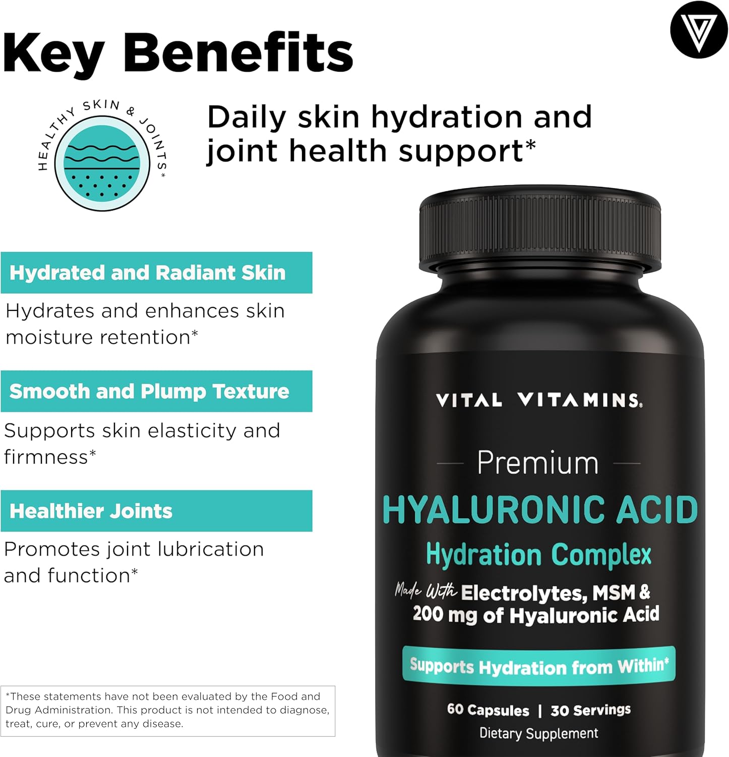 Vital Vitamins Hyaluronic Acid Supplement Hydration Complex - with Hyaluronic Acid, MSM, Vitamin C, Coconut Water Powder, & Silica - Skin Hydration Supplements - Non-GMO - 60 Capsules, 30 Servings