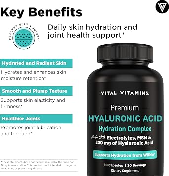 Vital Vitamins Hyaluronic Acid Hydration Complex with MSM & Electrolytes | Supports Skin Hydration, Elasticity & Joint Comfort, Vegan, Non-GMO, 60 Capsules