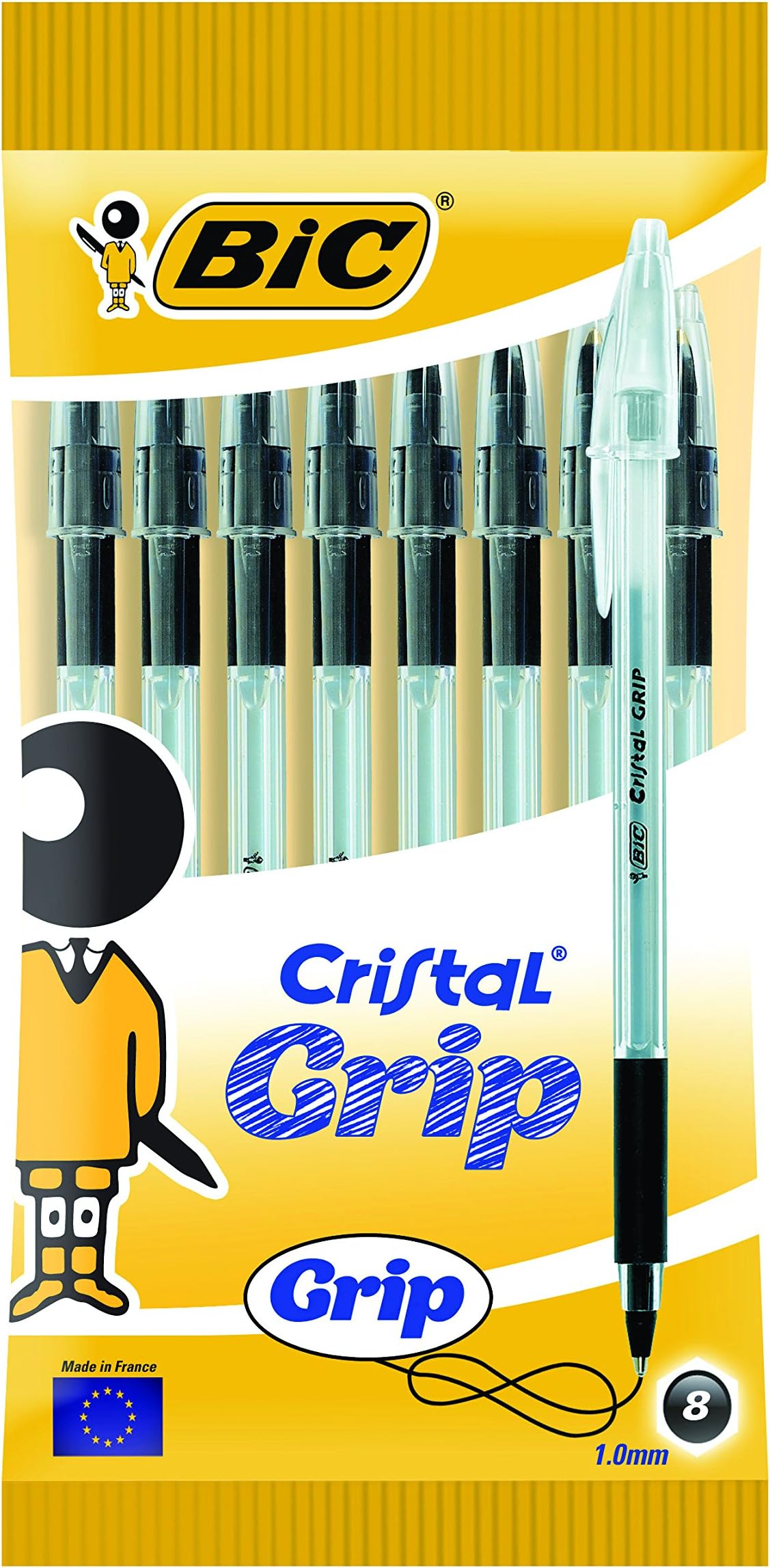 BIC Cristal Grip Ballpoint Pens - Black - Pack of 8 - Writing Pens with Medium Tip (1.0 mm) and Long-Lasting Cartridges