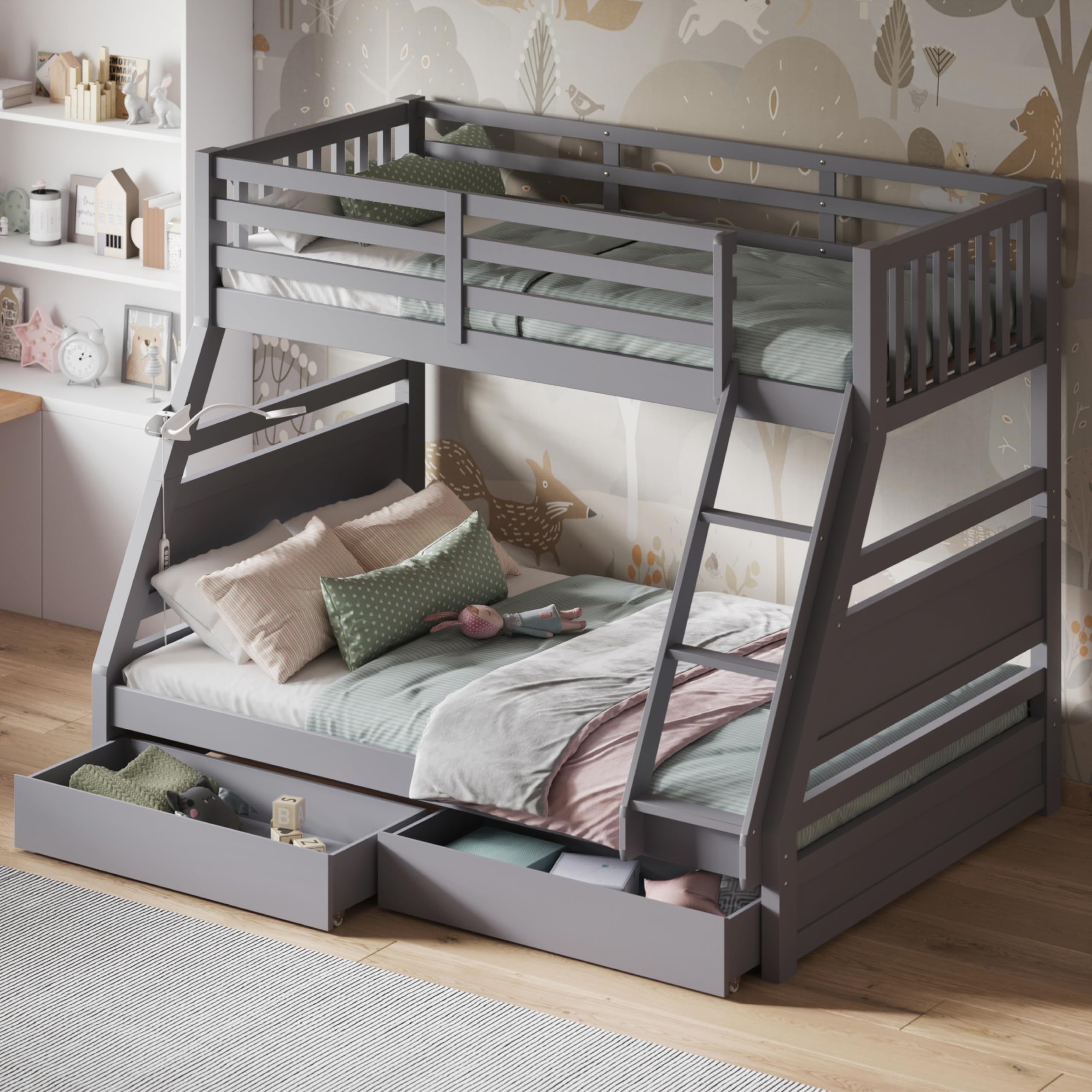 Triple Bunk Beds for Kids, Bunk Bed with Storage, Heavy Duty and Sturdy, Cosy, Stylish, Space-Saving Design (Grey)