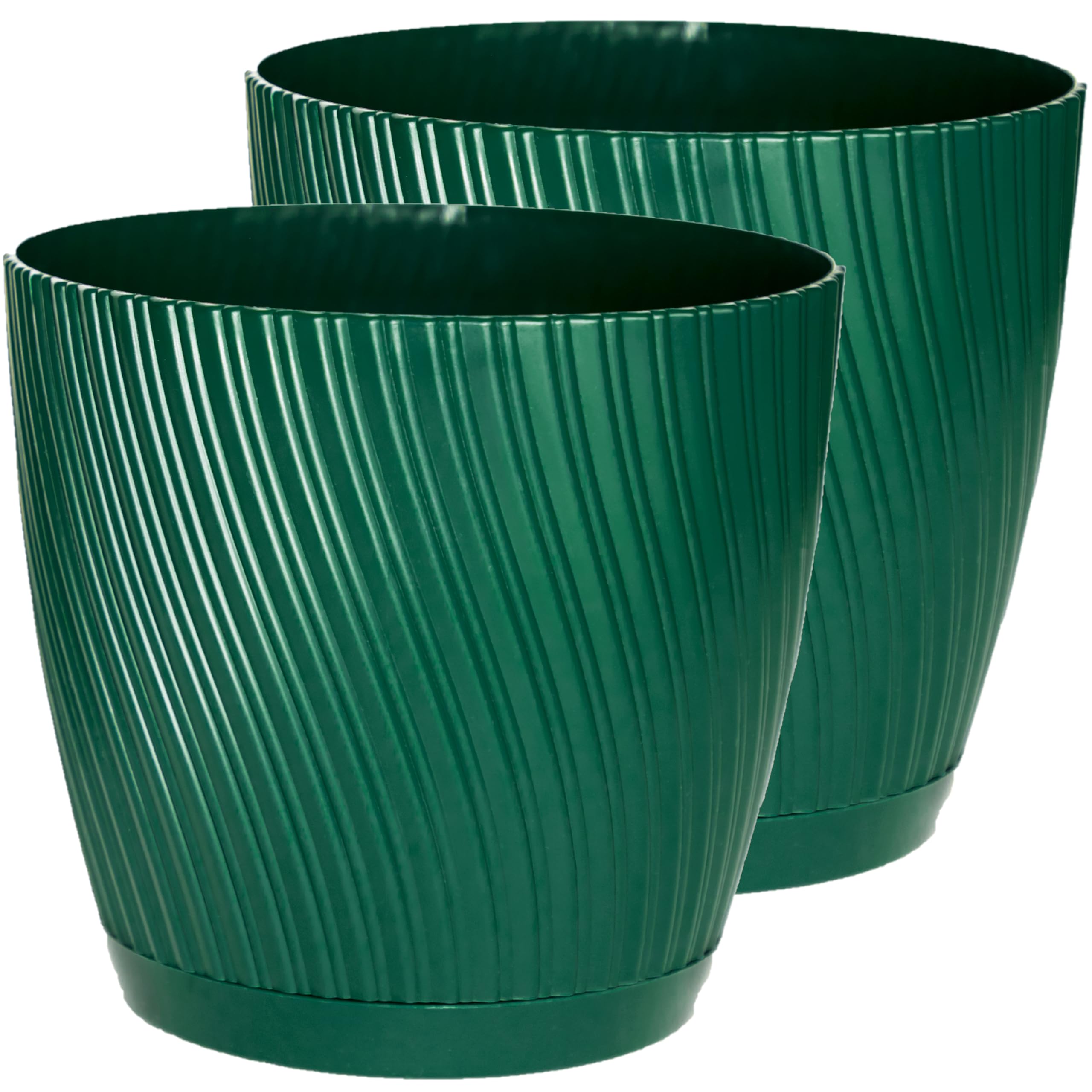 Home Garden Ornaments Plant Pots Indoor – Set of 2 with Drainage & Saucer Swing Indoor Plant Pot – Decorative Striped Flower Plastic Planter Design – 5 Colours & 6 Sizes (15cm / 5.9 inch, Green)