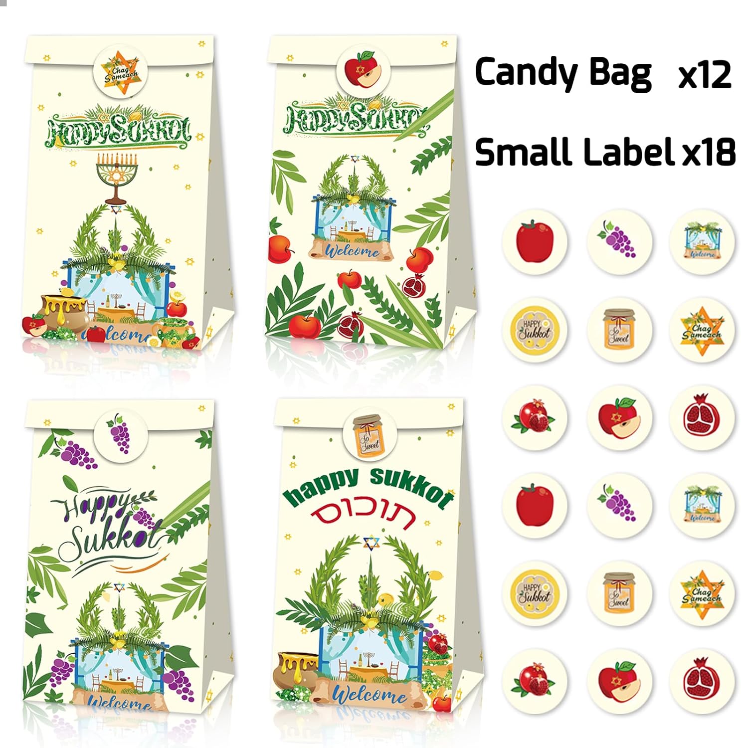 12 PCS Sukkot Gift Bags with Stickers Jewish Festival Candy Bag Grapes Figs Wheat Paper Goodie Bags Jewish Carnival Party Favors Bags Autumn Harvest Treat Bags for Sukkot Party Supplies - Image 2