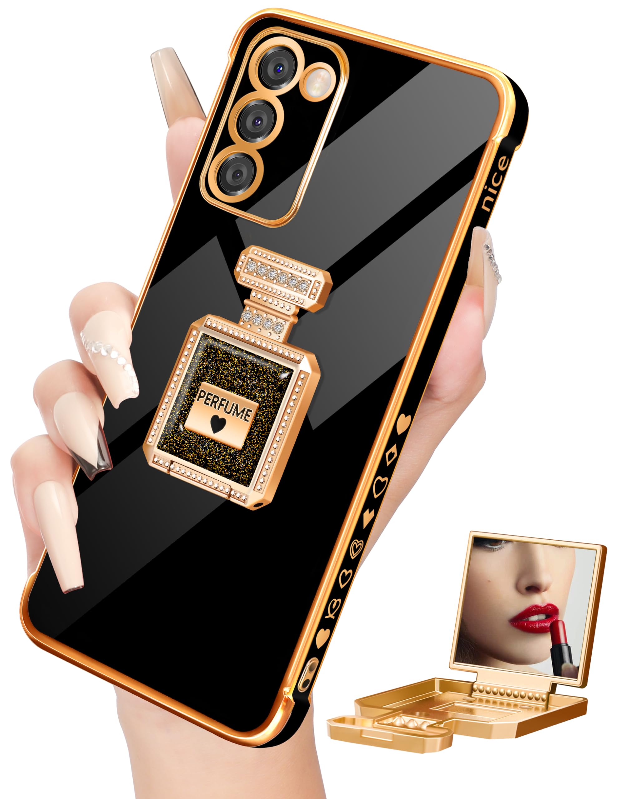 Phoneblissfor Samsung Galaxy S20 FE Case with Metal Perfume Bottle Mirror Stand for Women Girly, Cute Elegant Luxury Heart Phone Cover for S20 FE Phone Case, Black