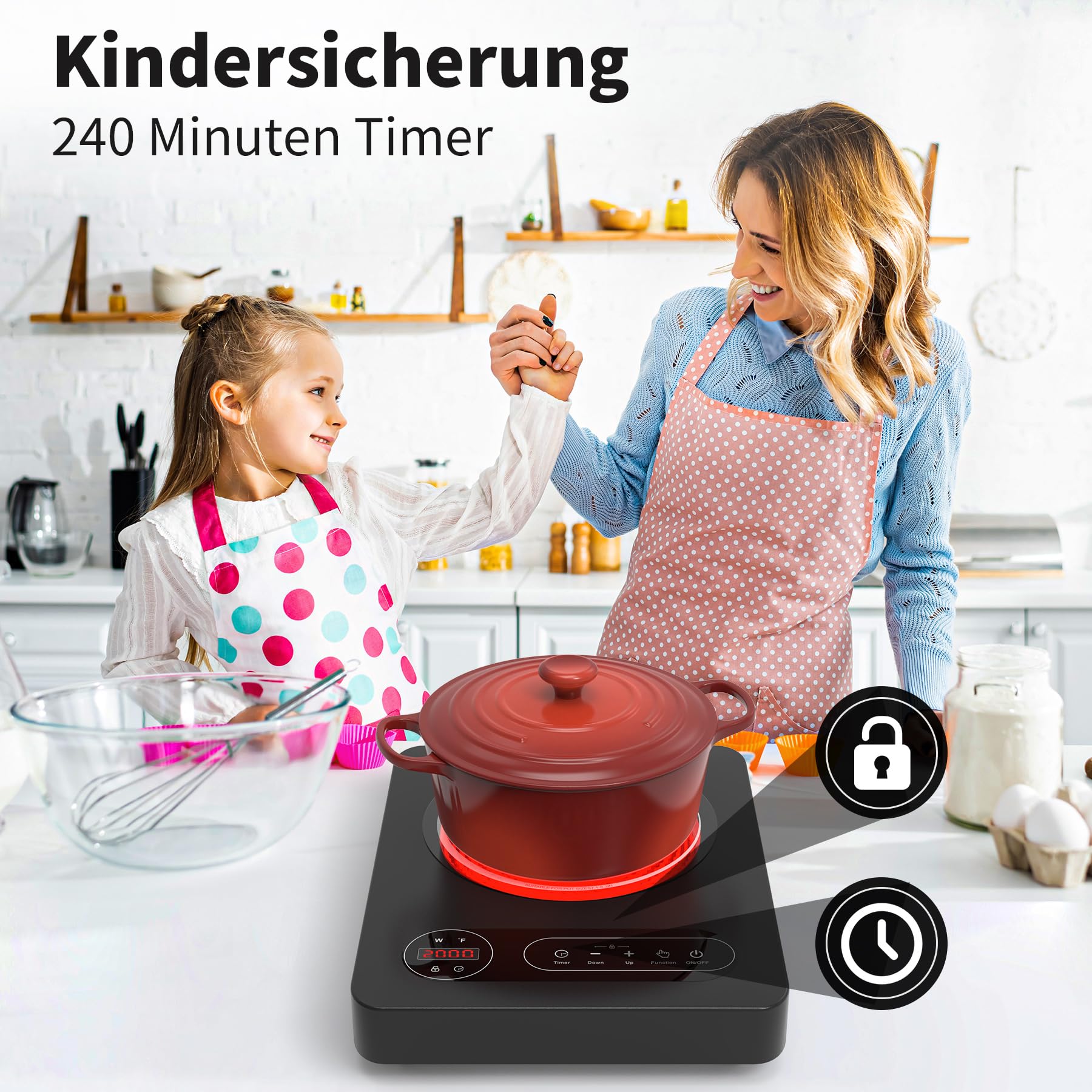 VBGK Glaskeramikkochfeld 220V 2000W LED-Touch-Steuerung 10 Leistungsstufen 4-Stunden-Timer Sicherheitsschloss 1 Platte
