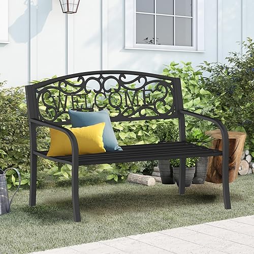 Miniatura 8 de Banco de jardín de 50 pulgadas de acero fundido para exteriores, banco de parque de metal resistente a la intemperie para porche, patio, césped,