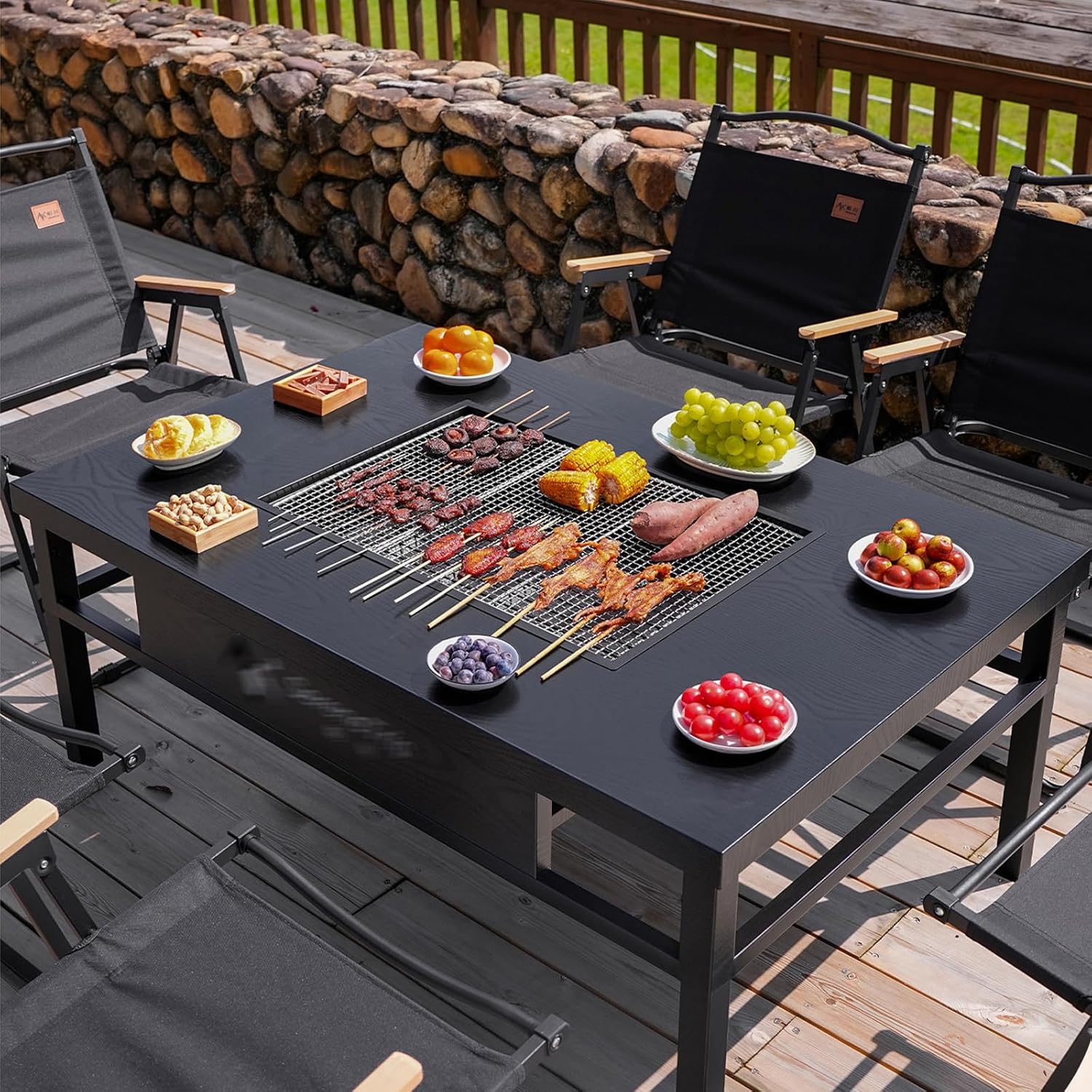 Multifunctional Fire Pit Table 47 in Rectangle Metal Firepit BBQ& Outdoor Firepit & Rectangle Metal Table 3 in 1 for Patio, Picnic, Party 31.5×47.3×23.7"