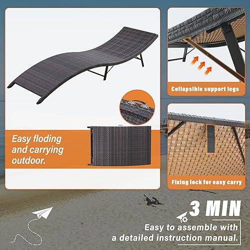 Miniatura 3 de Gotland Juego de tumbonas para patio al aire libre de ratán con espalda ajustable, 3 piezas acolchadas para patio plegable con mesa plegable