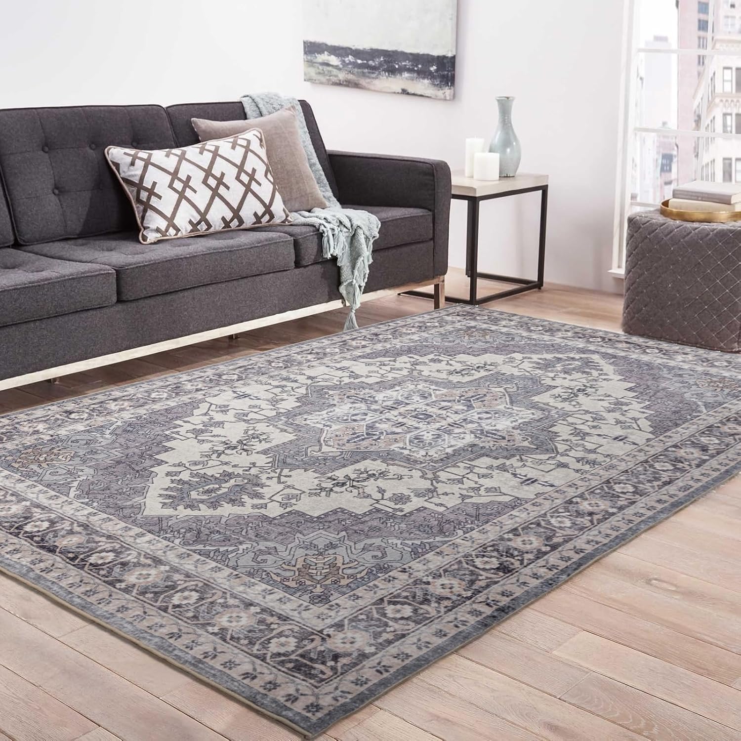Tapis grand salon motif floral vintage bleu-gris 200x250 cm chambre bureau