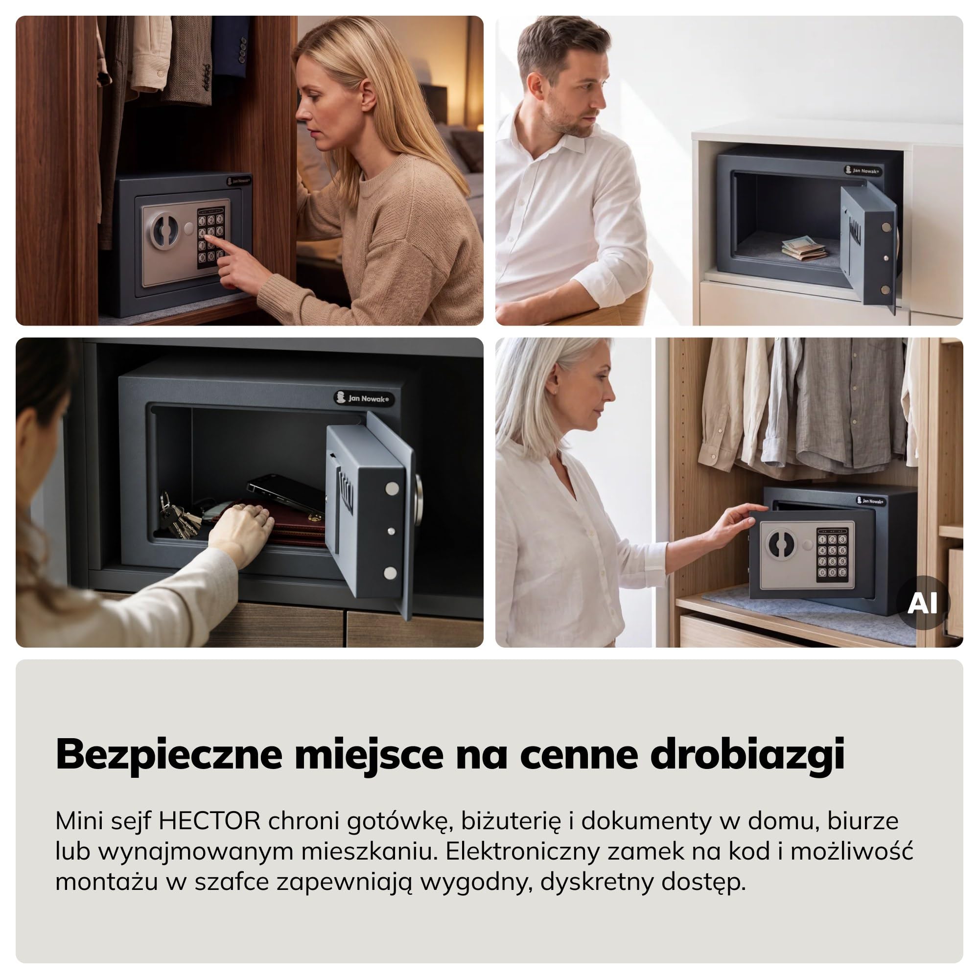 Jan Nowak Elektroniczny Mini Sejf na Kod, 23x17x17 cm, do Domu, na Gotówkę i Biżuterię, z Alarmem, Montowany do Ściany lub Podłogi, HECTOR