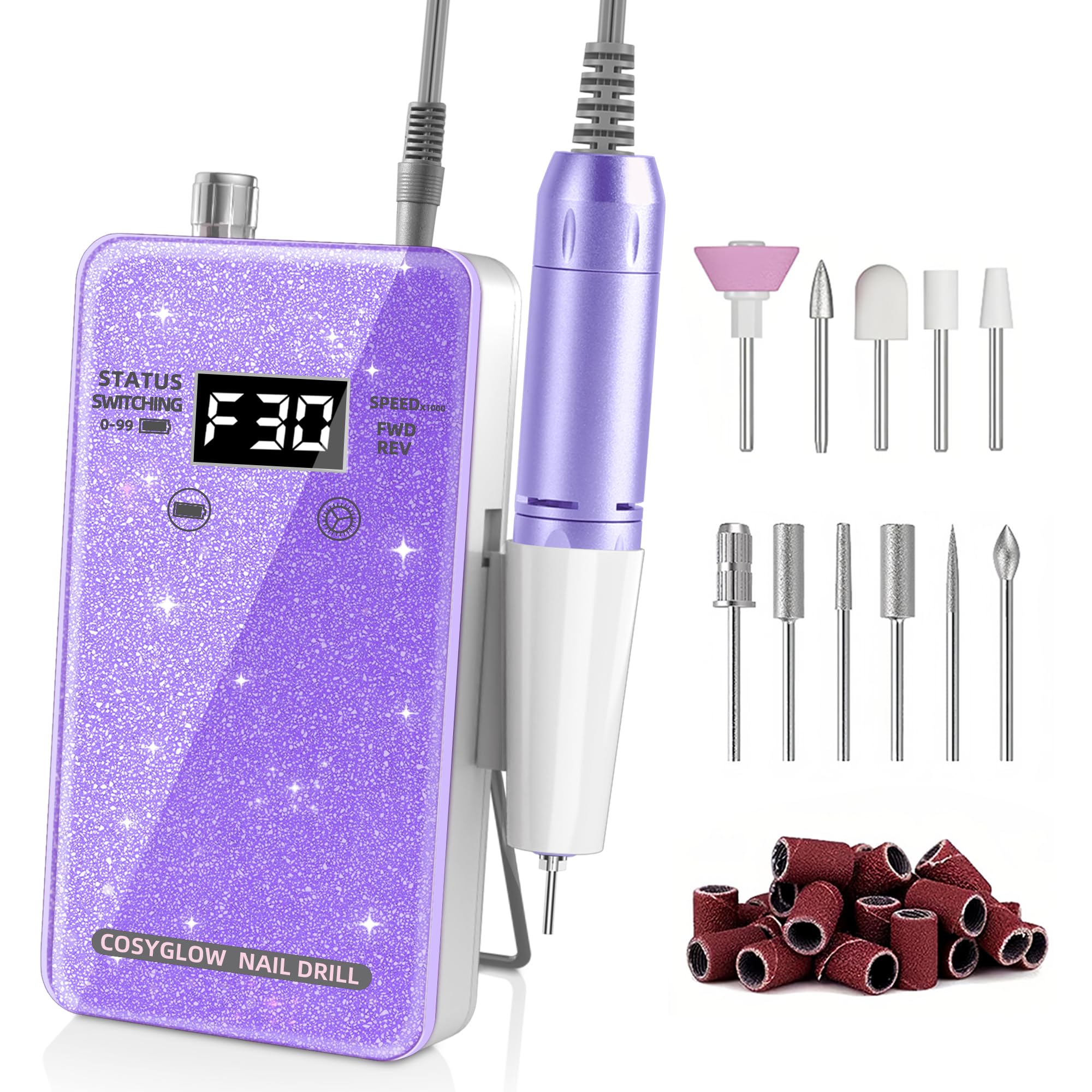 Professional Electric Nail Drill File:COSYGLOW Glitter Portable Cordless E-File Nail Drill Kit with 11 Drill Bits,30000 RPM Rechargeable Nail Drills