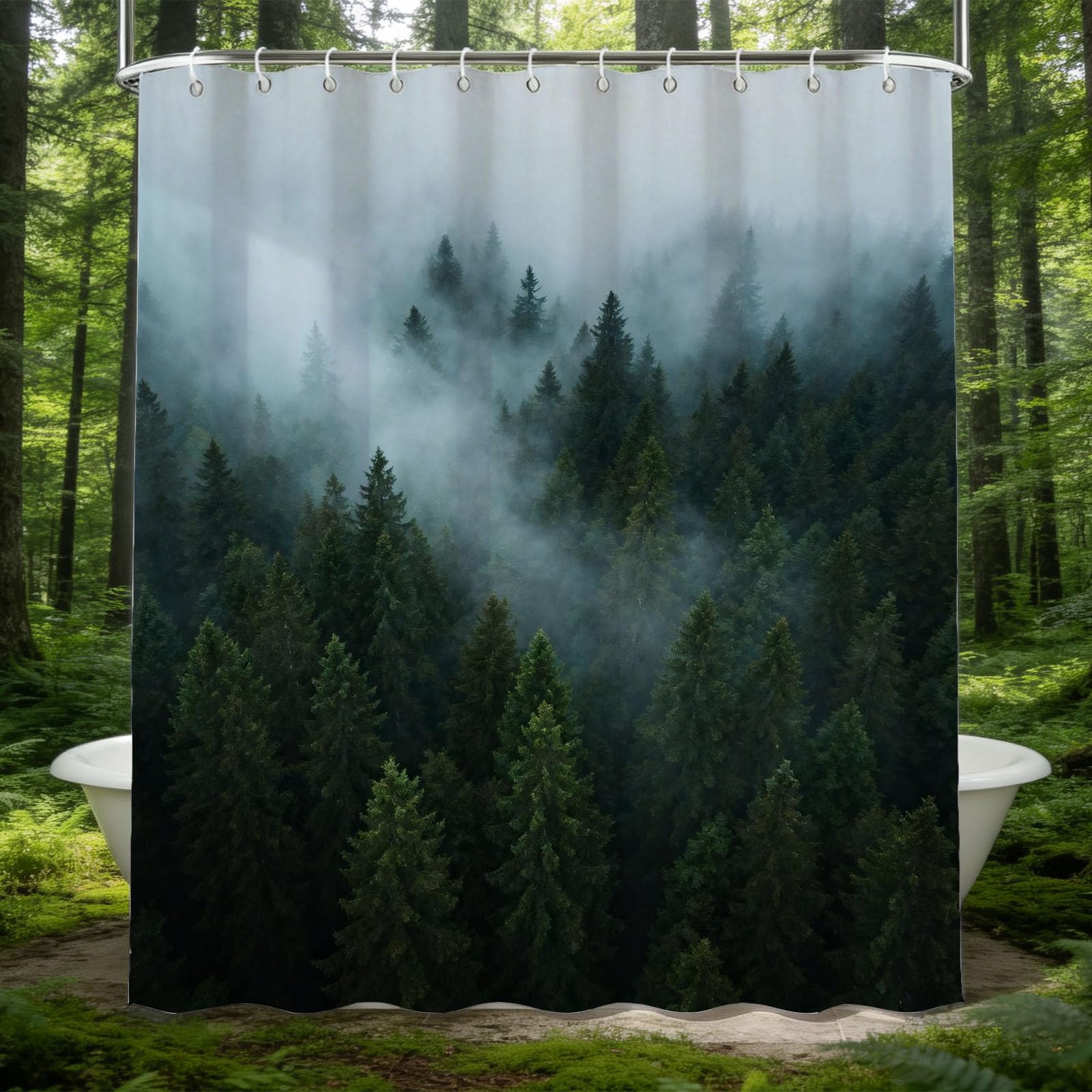 Rideau de douche 200x200 forêt brumeuse en tissu polyester imperméable