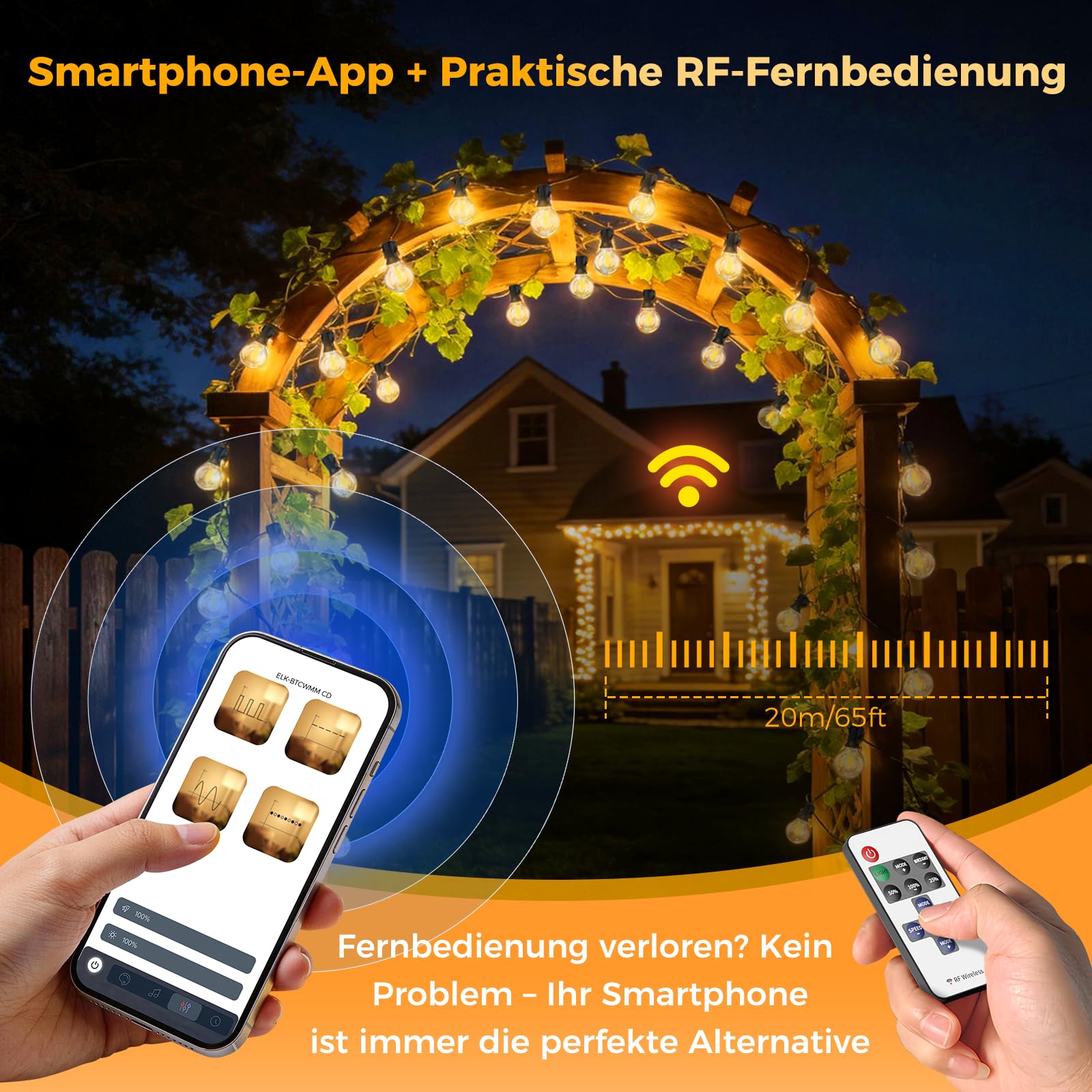 Lichterkette LED Außen Outdoor Strom 91,3 M/300 FT-120+4 G40 Glühbirnen | mit App & Fernbedienung (Doppelsteuerung), Dimmbar & Timer, Wetterfest, Aussen Lichterketten für Garten/Pavillon/Terrasse