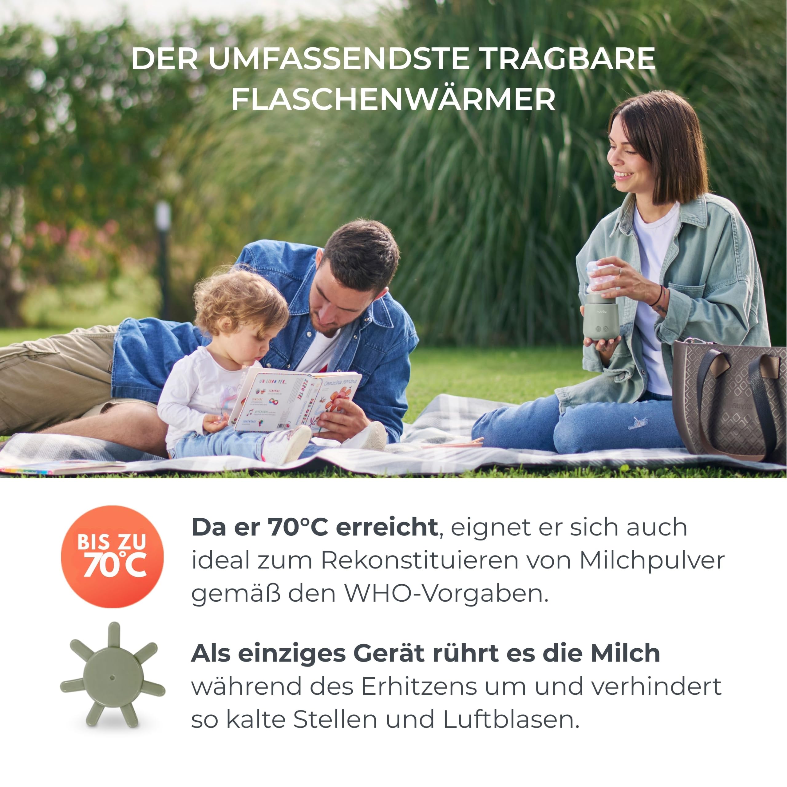 Nuvita 1164 Mix70 Tragbarer Flaschenwärmer mit Mischfunktion, 5 Temperaturen bis 70°C, Universal mit 6 Adaptern inklusive, Wiederaufladbarer Akku, LED-Display, BPA-frei