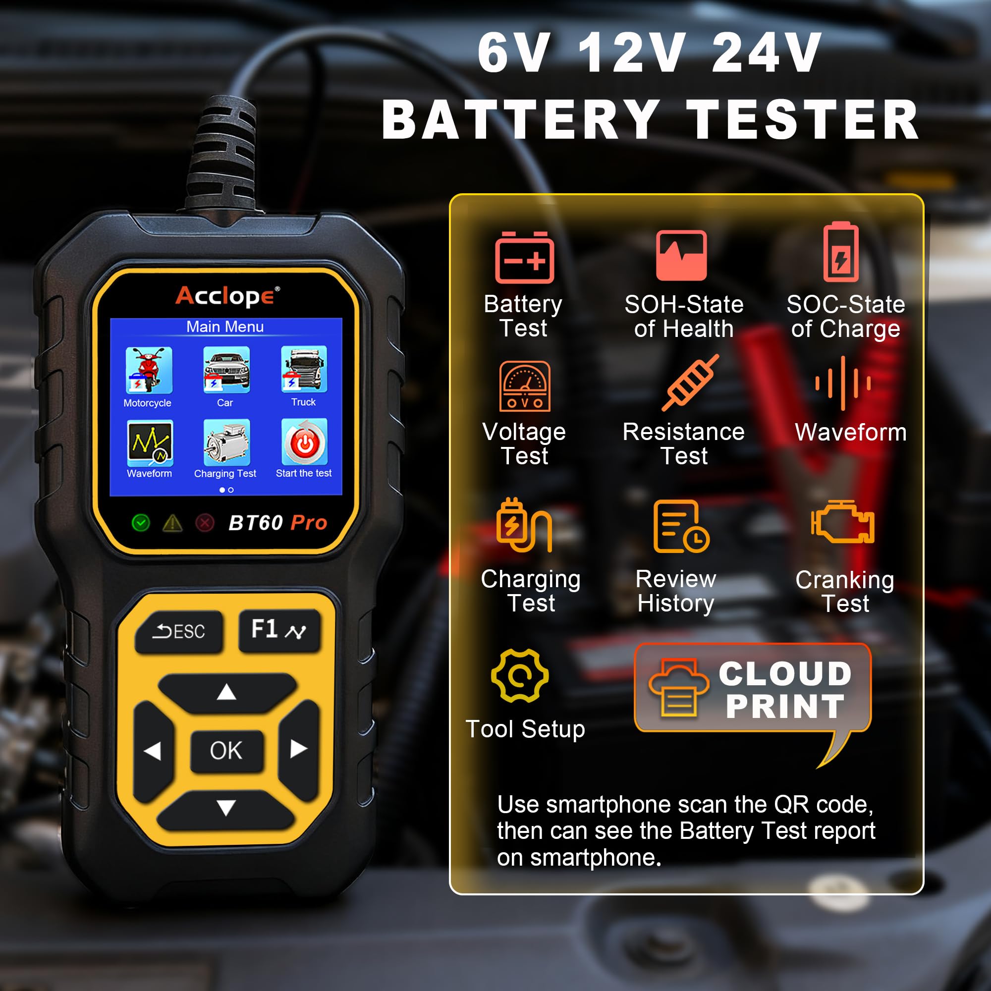 BT60 Pro, Comprobador Digital de Baterías, Analizador de Sistema de Carga y Arranque, 6V/12V/24V, Compatible con AGM, Litio, Gel, 100-3000 CCA, para Vehículos, Camiones, Motocicletas