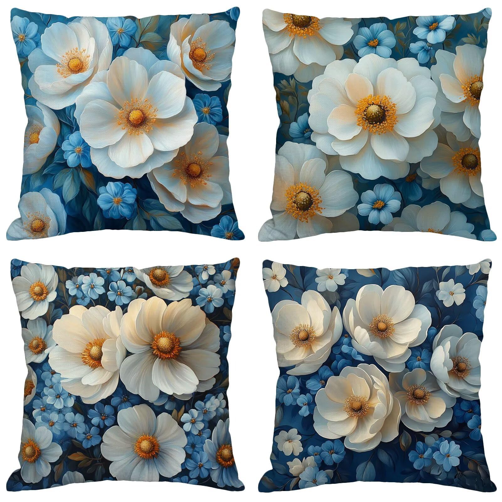 Cojines impermeables de terciopelo azul para exteriores, 50 x 50 cm, paquete de 4 fundas de almohada decorativas para muebles de jardín, sofá y banco, diseño floral listo para regalar