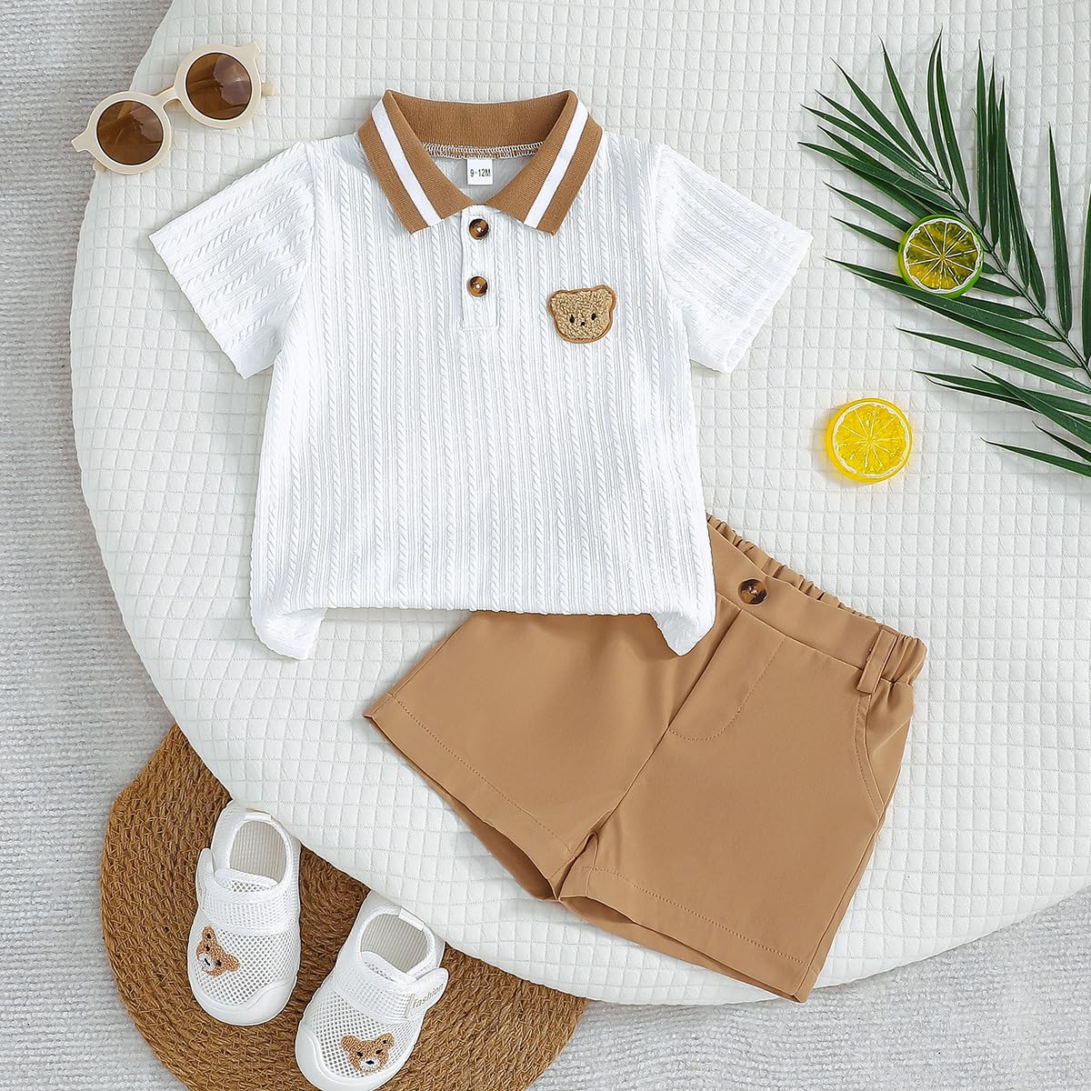 Ensemble Vêtements pour Bébés Garçons Été Tenues Polo Ours Mignon à Manches Courtes Short à Boutons et Poches 2Pcs Printemps Vêtements - 3
