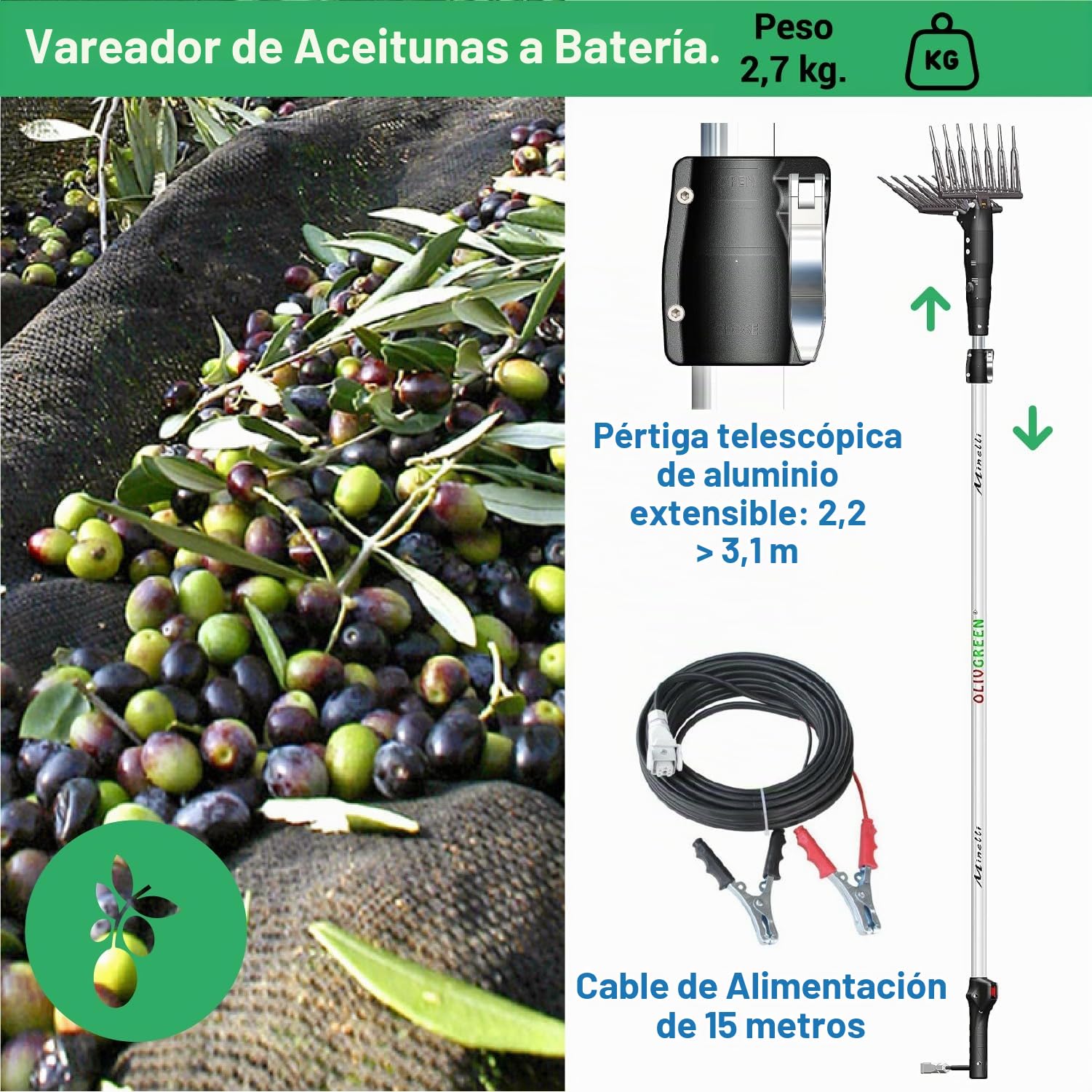 Crisalide® - Minelli OlivGreen A3 - Agitador para recoger aceitunas con batería - Negro