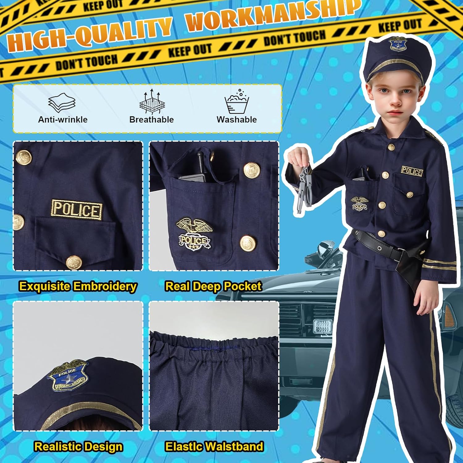 JCJ Police Costume for Kids, 8PCS Deluxe Cop Officer Outfit with Toy Accessories, Halloween Cosplay Dress-Up for Boys Girls - Image 4