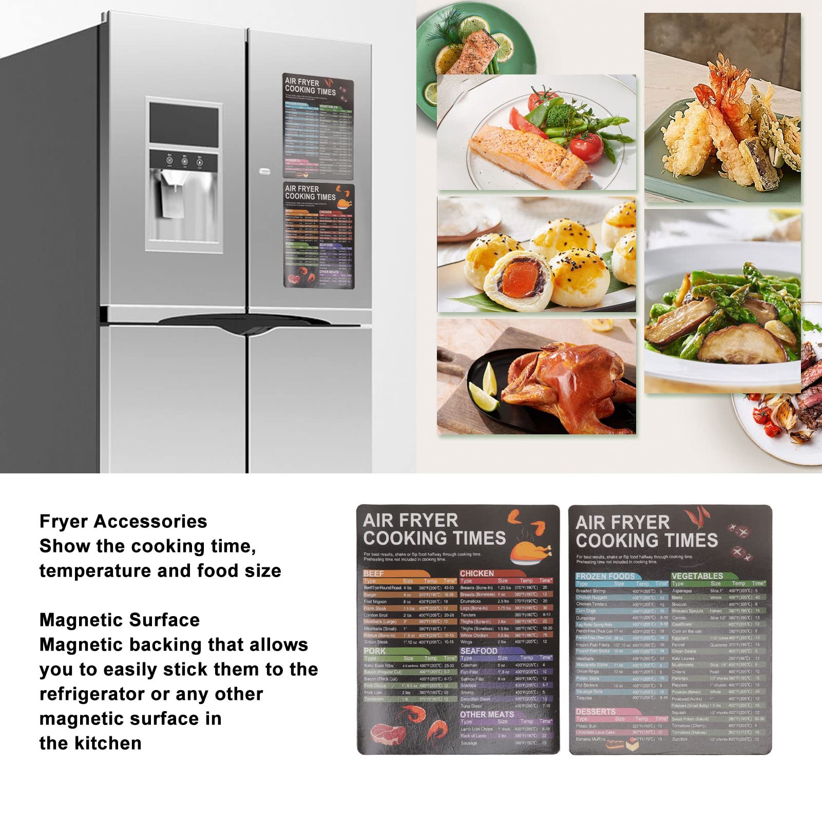 Air Fryer Magnetic Cheat Sheet Set, 2 Pack Air Fryer Accessories Cook Times Chart, Kitchen Pot Cheat Sheet, Cookbook Quick Reference for Cooking and Frying, Black