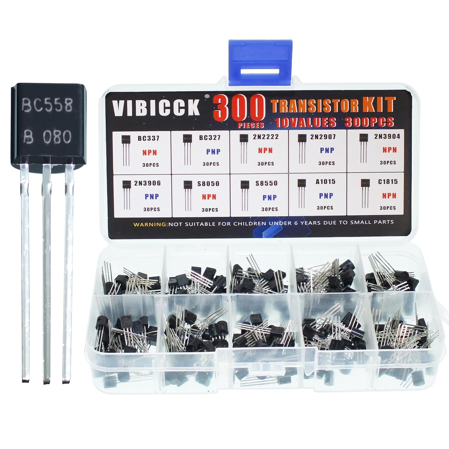 VIBICCK 10 Values 300pcs TO-92 NPN PNP Bipolar Transistor Assortment Kit - Organized Box for DIY Electronics & Repairs