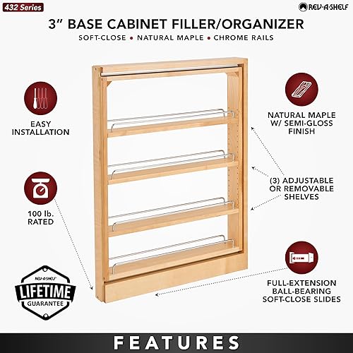 Miniatura 5 de Rev-A-Shelf Base Filler - Estante organizador extraíble para armarios de cocina y baño con apertura de 3 pulgadas, rodamientos de bolas, toboganes