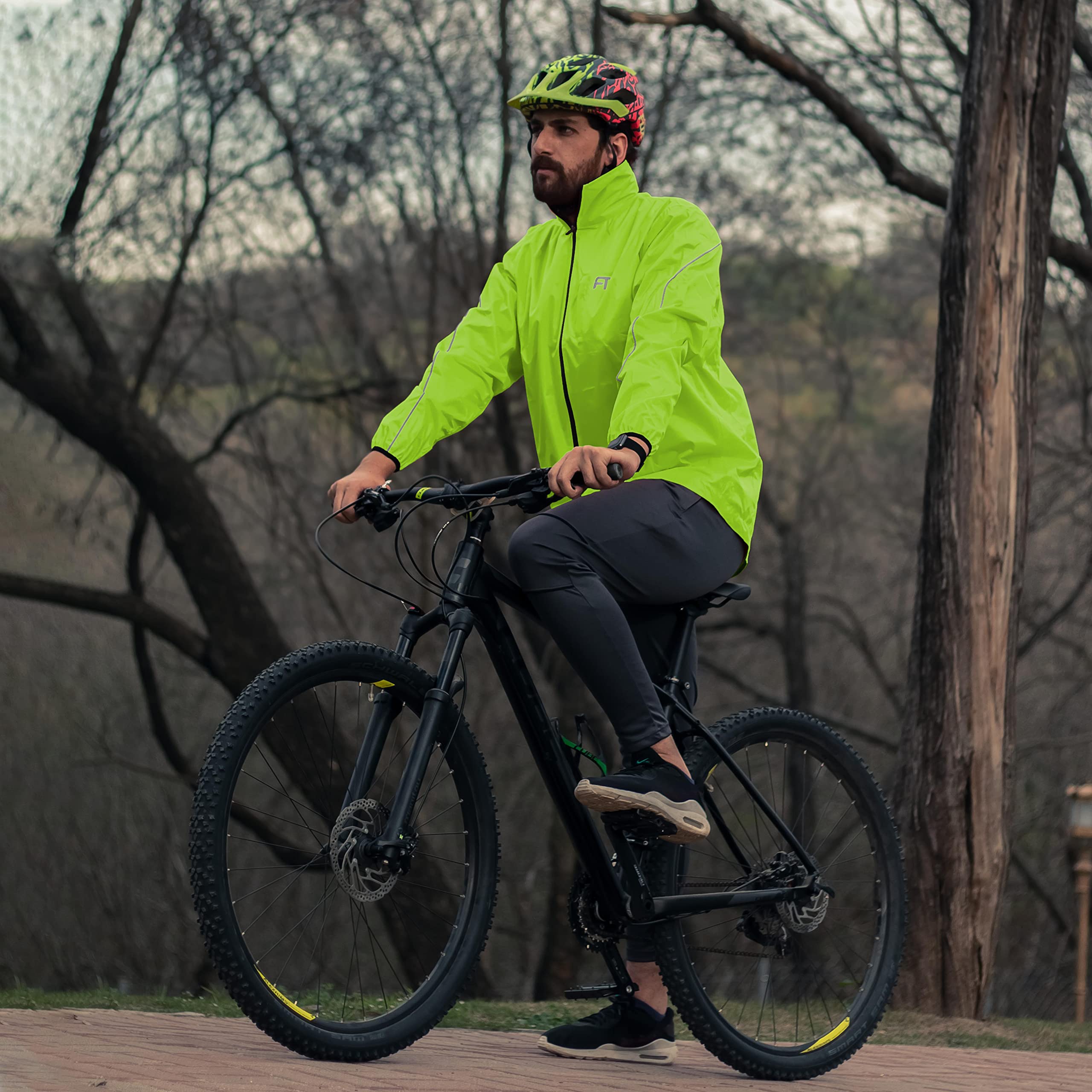 Fashion Track Giacca da ciclismo leggera impermeabile da uomo con cappuccio rimovibile, alta visibilità, unisex, antivento, riflettente, con 2 tasche interne e 1 tasca