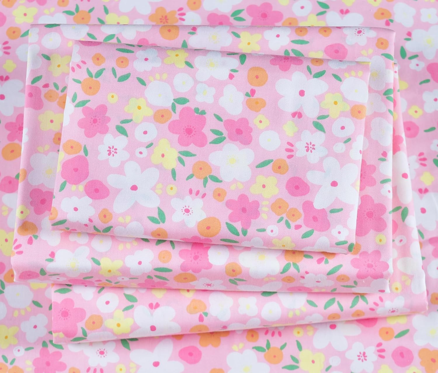 J-pinno Pink Floral Flower Cartoon 100% Cotton Twin 3 Pieces Sheet Set Decoration Kids Boys Girls Children Flat Sheet + Fitted Sheet + Pillowcase Bedding Set