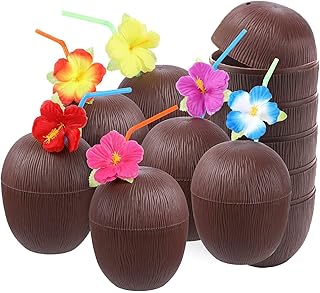 Funito 12 Pack Coconut Cups for Hawaiian Luau Kids Party with Hibiscus Flower Straws - Tiki and Beach Theme Party Fun Drink or Decoration Cups