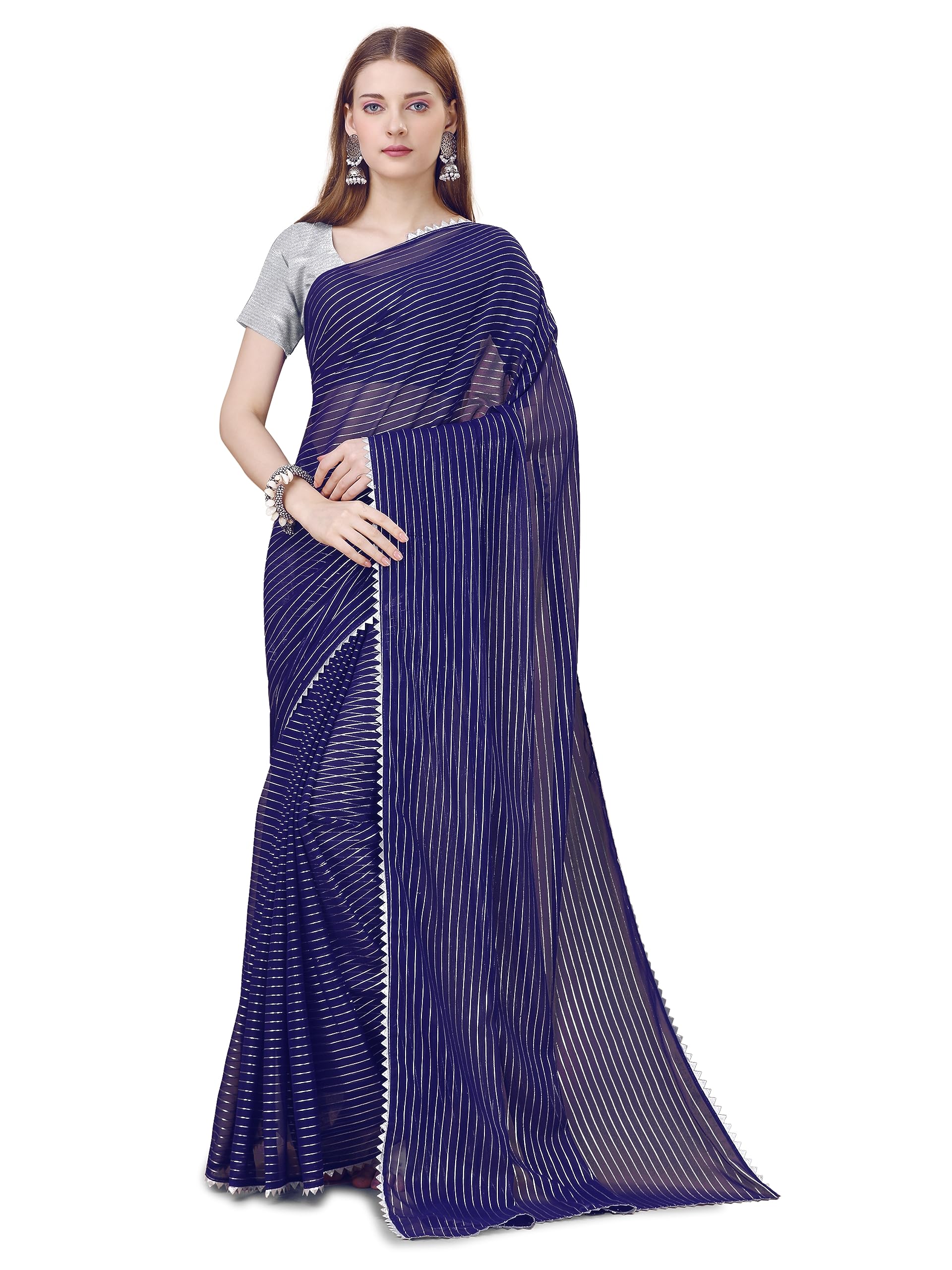 Georgette Chiffon Silver Lining Foil Leriya striped simpal silver tample border Saree With Blouse