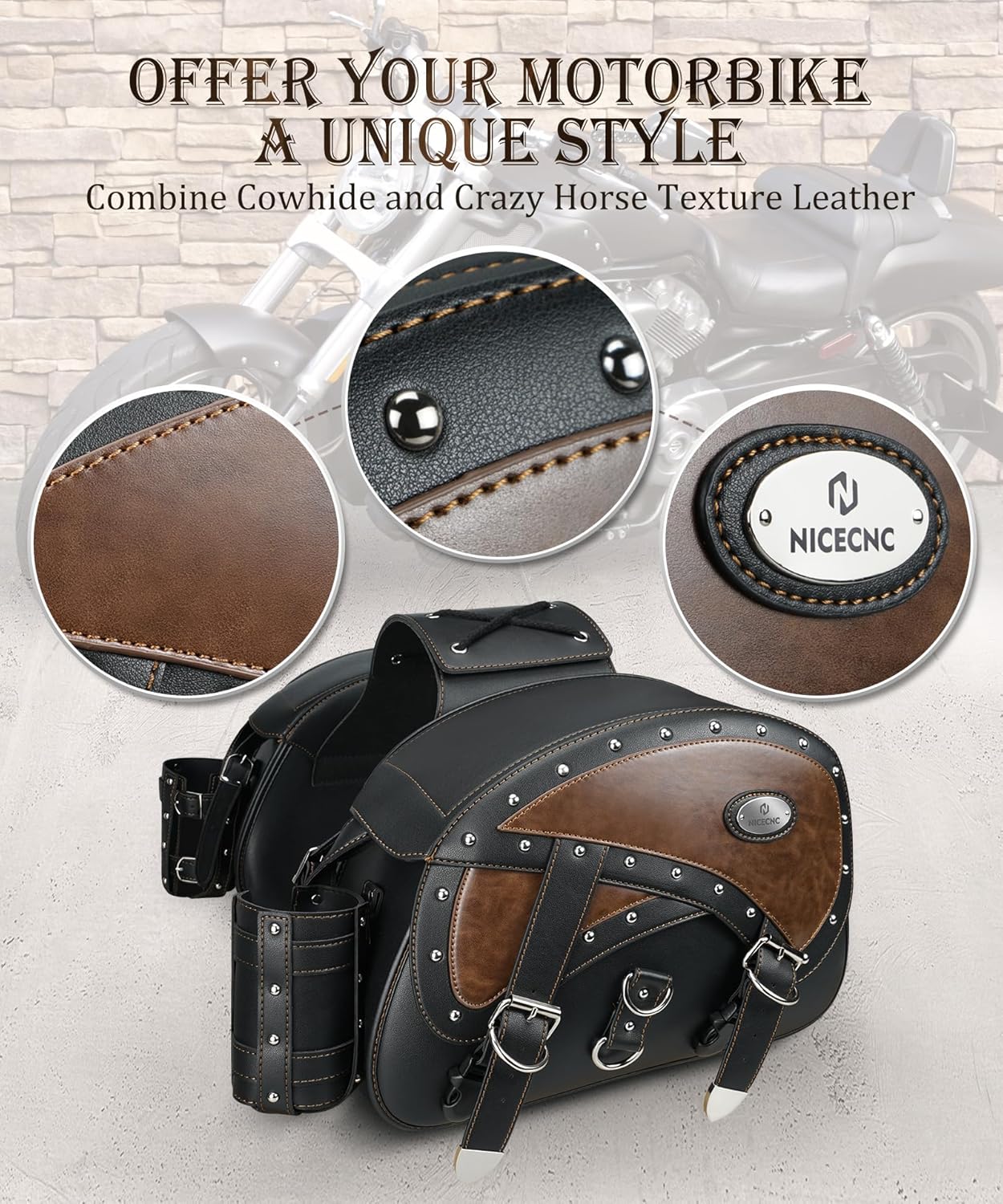 NICECNC Motorcycle Saddlebags Leather, 35L Large Capacity Throw Over Saddle Bags Motorcycle Side Luggage Bags with Cup Holders, Compatible with Sportster Softail Dyna Shadow Road King, 2PCS 35L-Brown