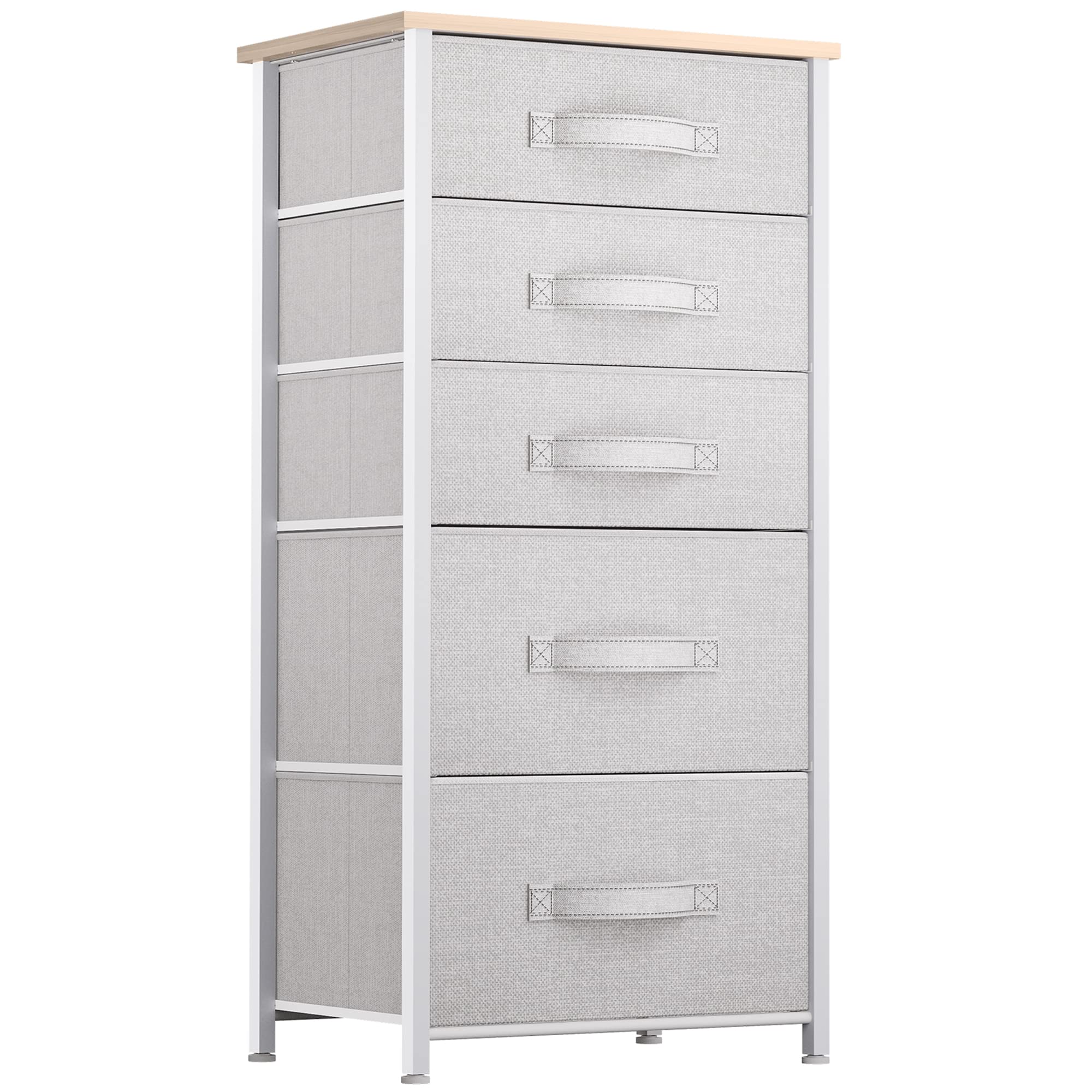 YITAHOME Tall 5 Drawer Dresser - Fabric Storage Tower, Organizer Unit for Bedroom, Living Room, Hallway, Closets - Sturdy Steel Frame, Wooden Top & Easy Pull Fabric Bins - Light Grey